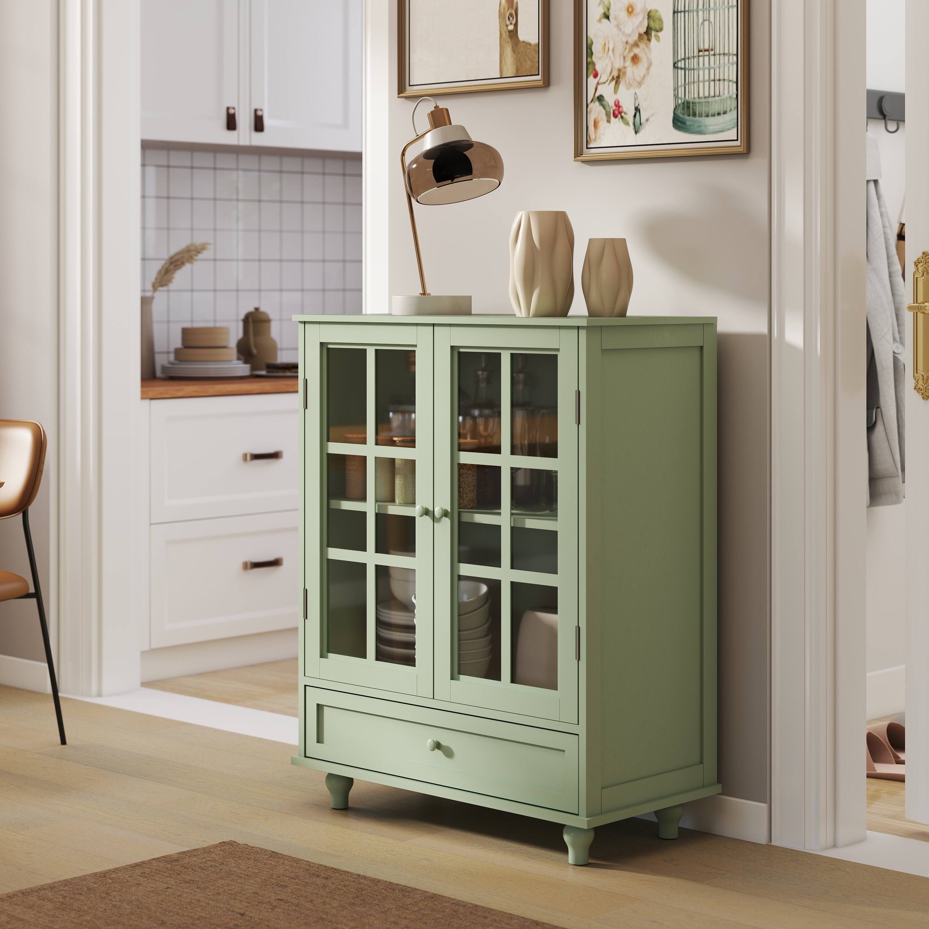 Alt View 9. Ecooso - Minimalist Buffet Cabinet with Double Glass Doors, Drawer & Storage Shelves - Green.