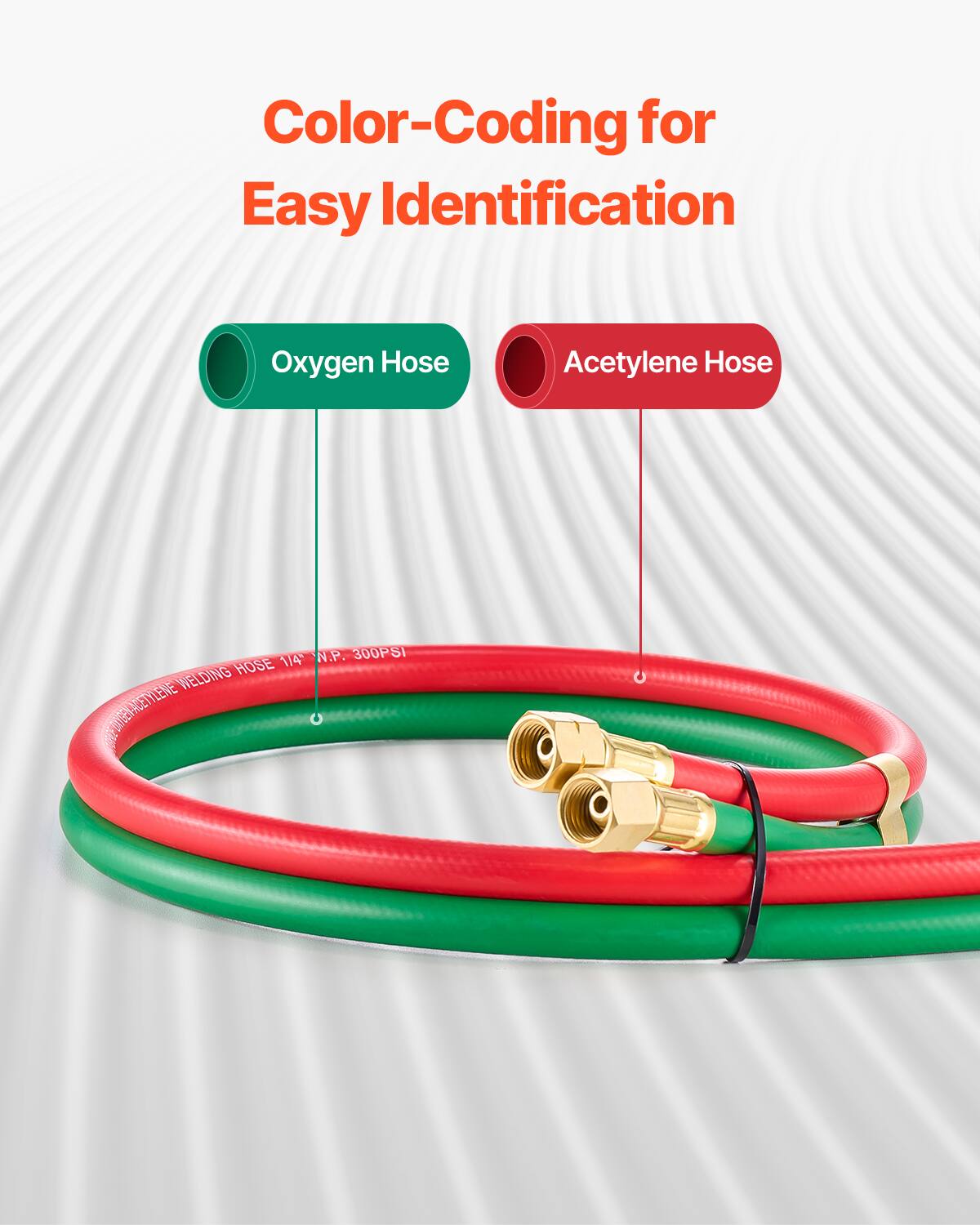 Color-Coding for Easy Identification

Oxygen Hose

Acetylene Hose

1/4" N.P. 300PSI HOSE WELDING ACETYLENE