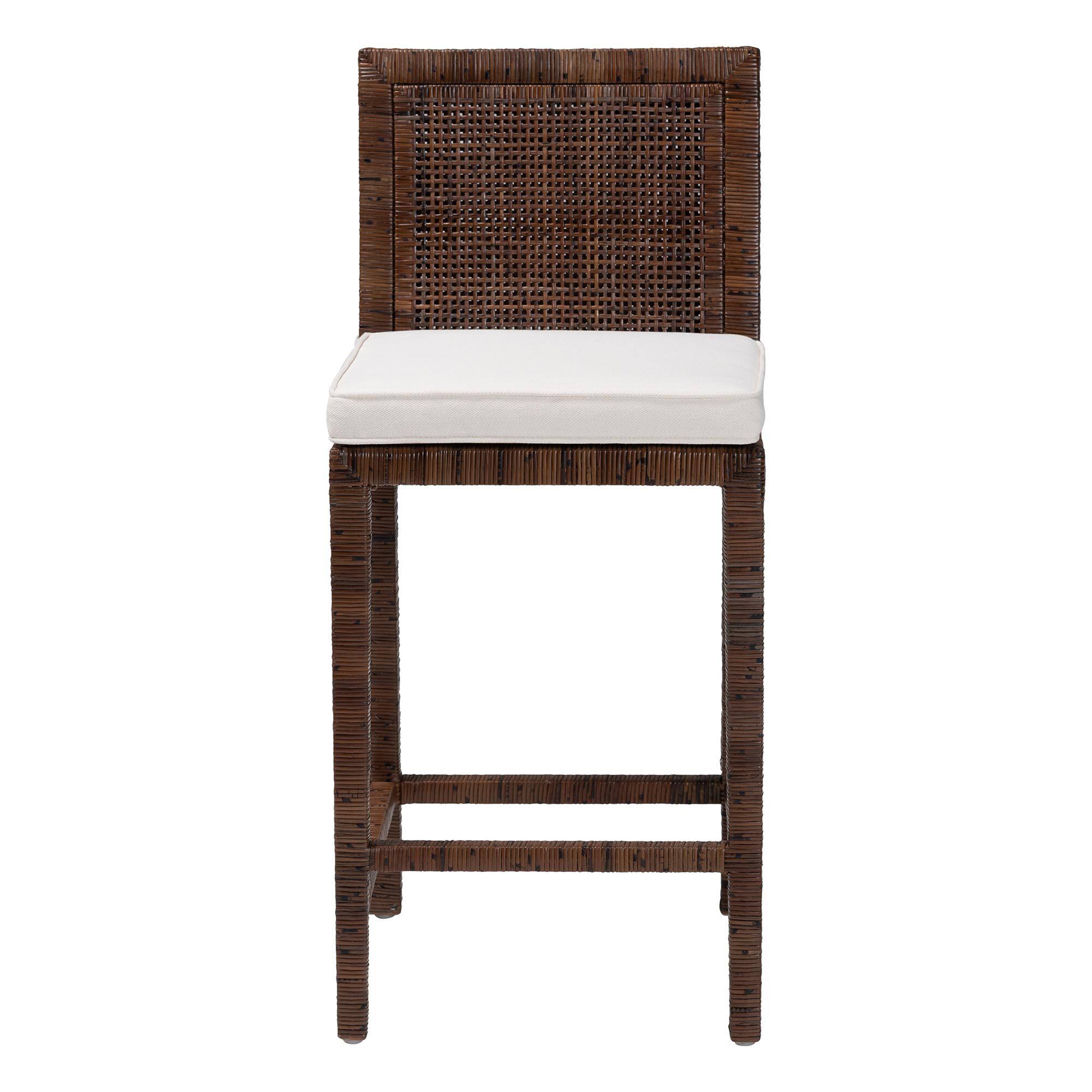 Angle. bali & pari - Sofia Rattan Counter Stool with Mahogany Wood Frame - Handwoven Wicker Counter Height Chair with Cushion - Antique Coffee.