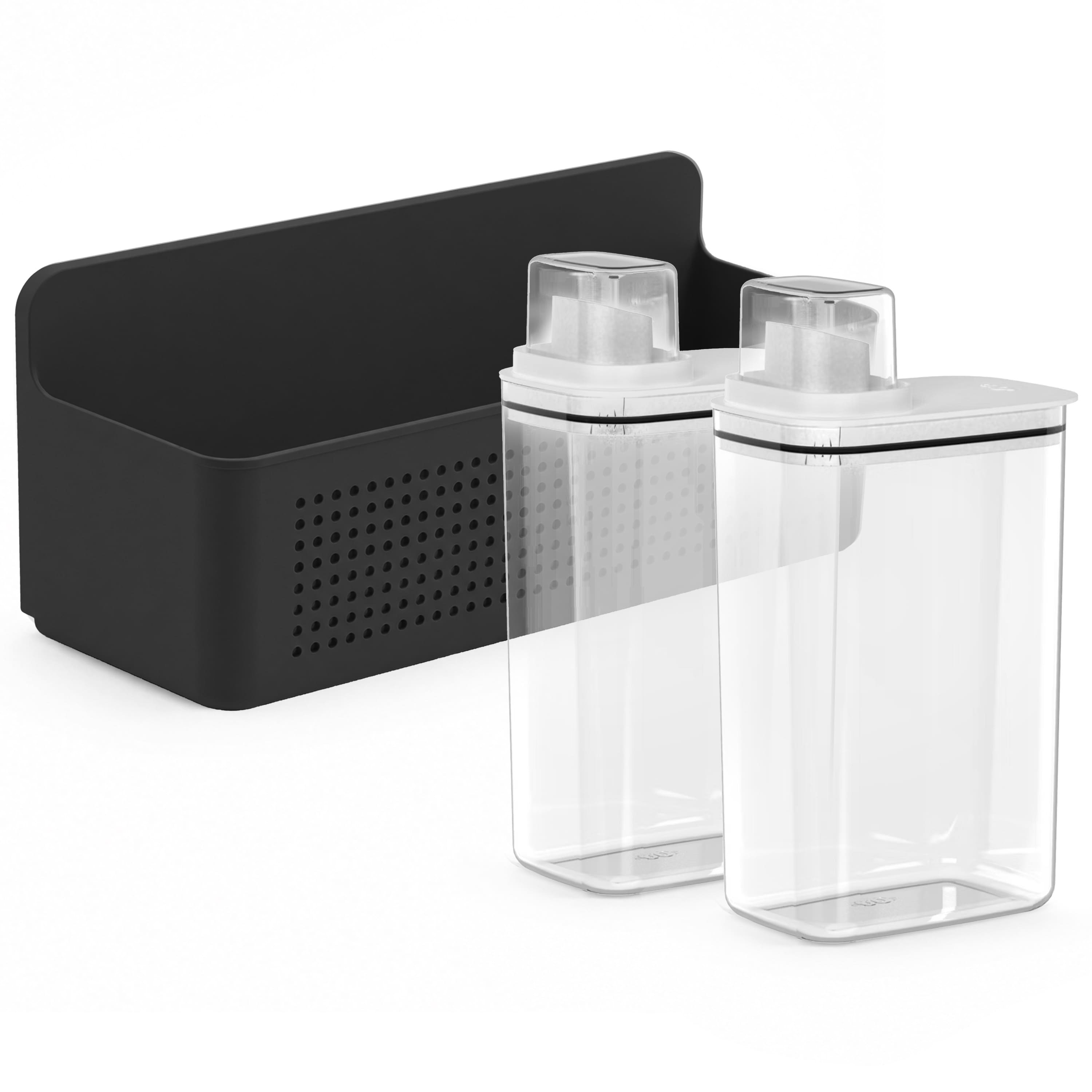 OU - Laundry Detergent Dispenser & Wall Rack Set, 2‑Pack 77 oz Soap Dispensers with Measuring Cap & Hanging Storage Organizer - Black