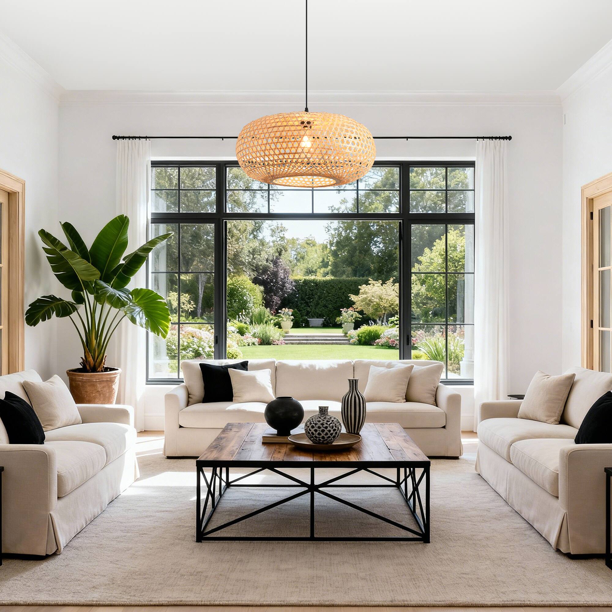 Back. Parrot Uncle - 1-Light Coastal Retro Brown Rustic Bamboo Hand-Woven Hanging Cage Pendant Light - Brown.