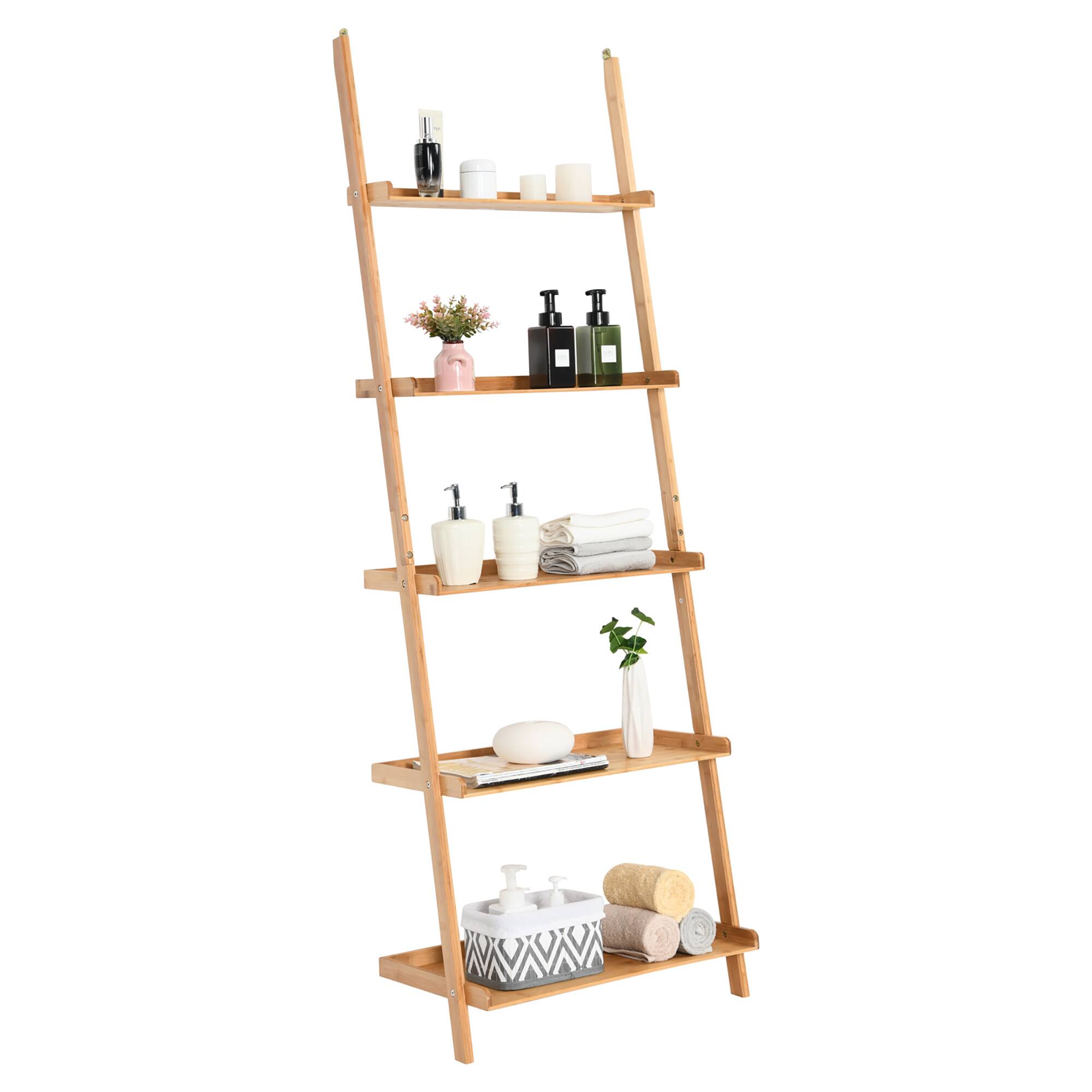 Alt View 9. Costway - Costway 5-Tier Ladder Shelf Bamboo Bookshelf Wall-Leaning Storage Display Plant Stand - Natural.