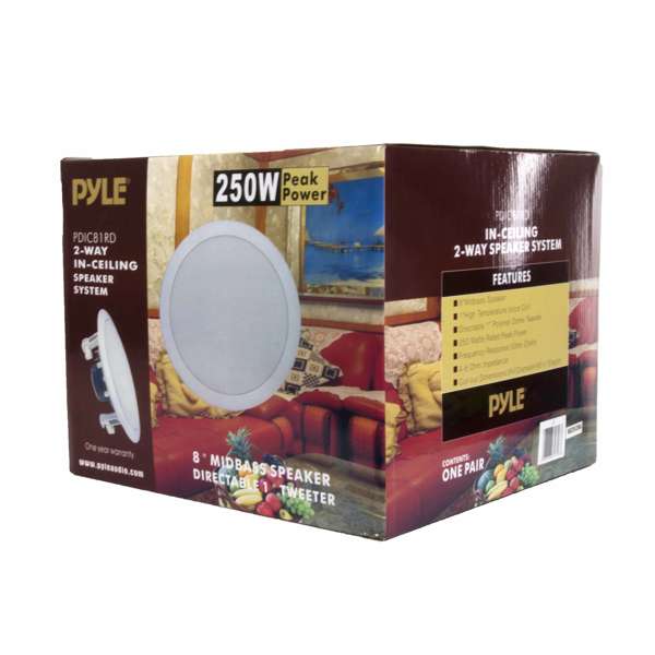 PYLE PDICB1RD  
2-WAY IN-CEILING SPEAKER SYSTEM  
Peak 250W Power  
IN-CEILING 2-WAY SPEAKER SYSTEM  

FEATURES  
- 8" MID/BASS SPEAKER  
- DIRECTABLE TWEETER  

CONTENTS  
- ONE PAIR  

www.pyleaudio.com