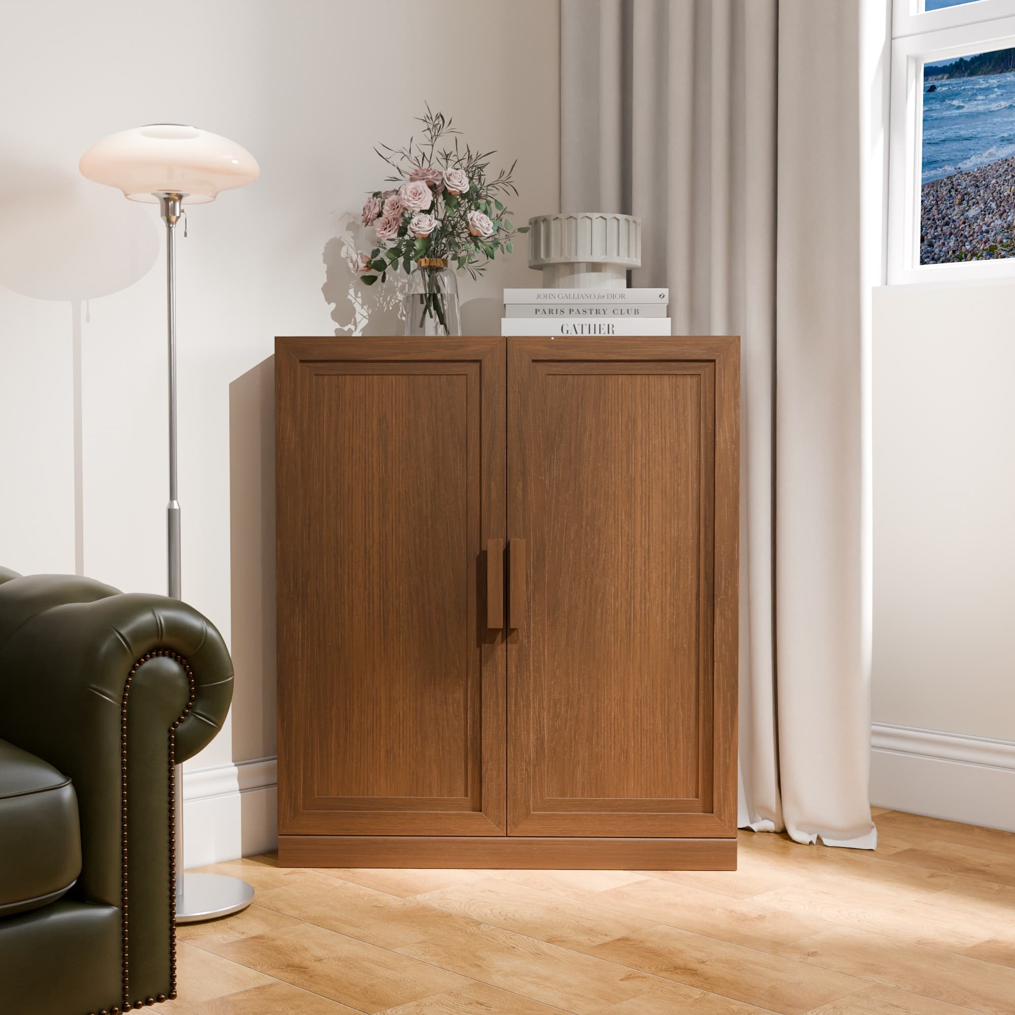 PexFix - 36" Farmhouse Corner Accent Storage Cabinet with Solid Wood Doors and Adjustable Shelves for Space-Saving - Walnut