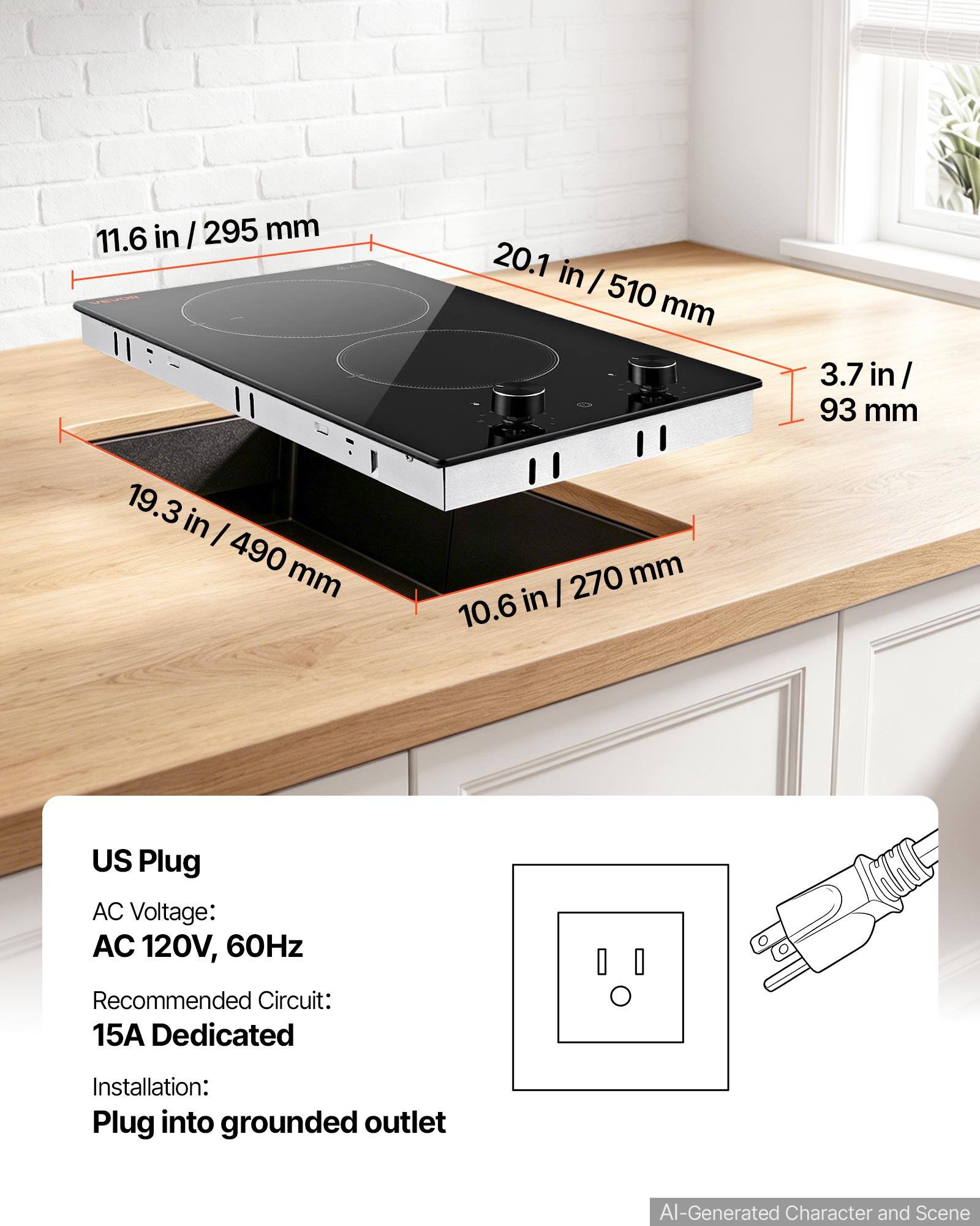 11.6 in / 295 mm  
20.1 in / 510 mm  
3.7 in / 93 mm  
19.3 in / 490 mm  
10.6 in / 270 mm  

US Plug  
AC Voltage: AC 120V, 60Hz  
Recommended Circuit: 15A Dedicated  
Installation: Plug into grounded outlet  

AI-Generated Character and Scene