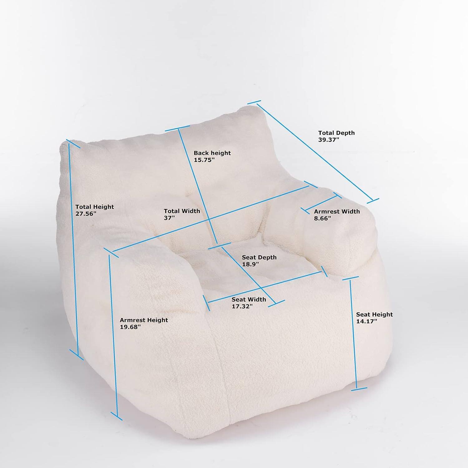 Total Depth: 39.37"  
Back Height: 15.75"  
Total Height: 27.56"  
Total Width: 37"  
Armrest Width: 8.66"  
Seat Depth: 18.9"  
Armrest Height: 19.68"  
Seat Width: 17.32"  
Seat Height: 14.17"