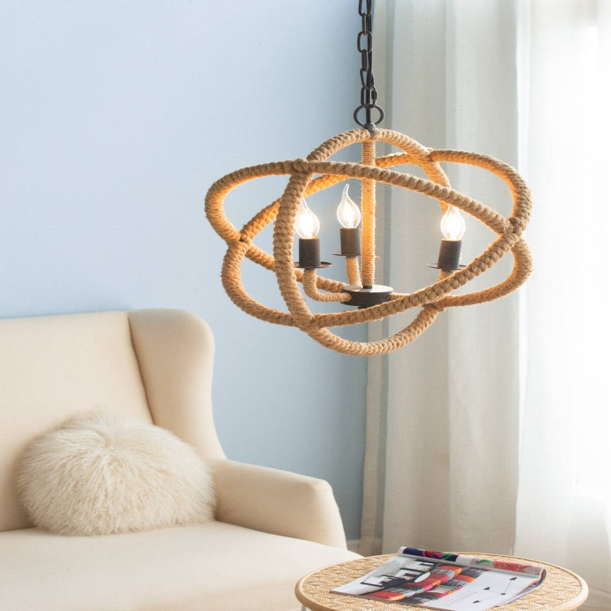 Alt View 2. Loheer - Loheer 3 Light Farmhouse Chandelier, Jute Rope Globe Fixture with Adjustable Chain, Beige Brown.