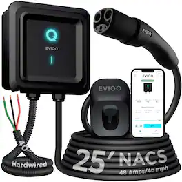 EVIQO - Level 2 EV Charger Hardwired - NACS EVSE Compatible with Tesla - 48 Amp EV Charger Level 2 w/NACS, 240V, 25' - NACS, Hardwired 48 Amps