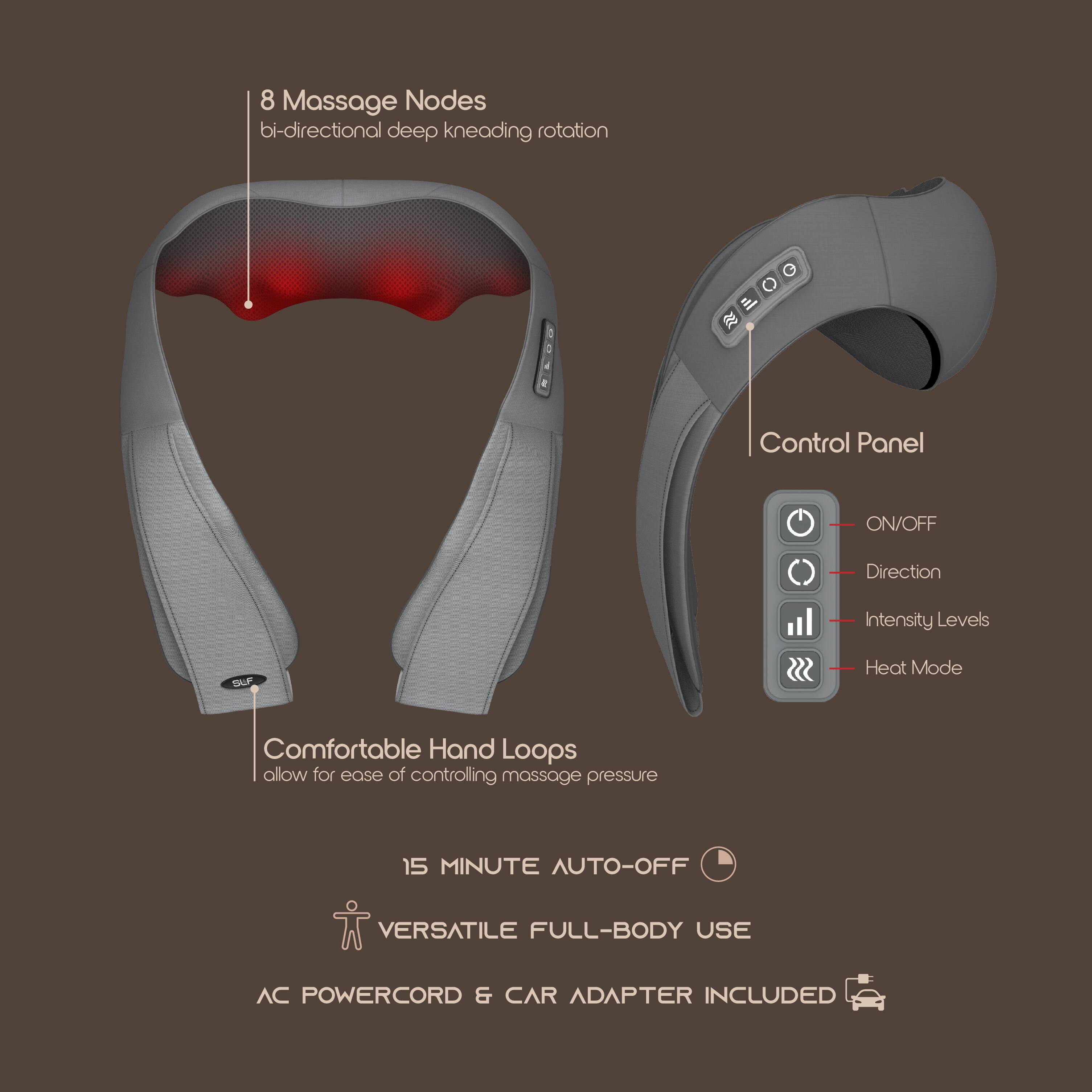 8 Massage Nodes  
bi-directional deep kneading rotation  

Control Panel  
- ON/OFF  
- Direction  
- Intensity Levels  
- Heat Mode  

Comfortable Hand Loops  
allow for ease of controlling massage pressure  

15 MINUTE AUTO-OFF  

VERSATILE FULL-BODY USE  

AC POWERCORD & CAR ADAPTER INCLUDED