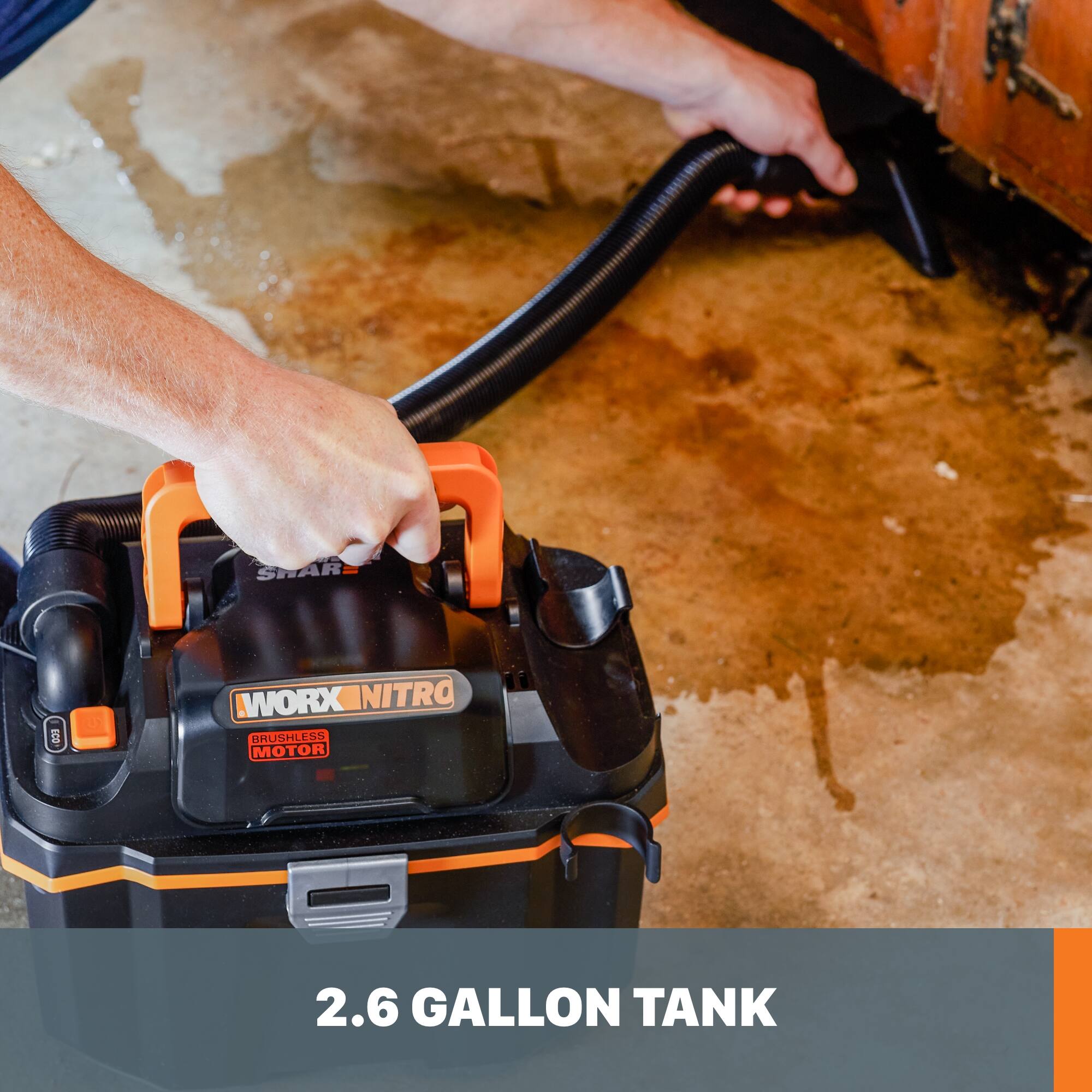 The text on the image is grouped and corrected as follows: "WORX NITRO BRUSHLESS MOTOR 2.6 GALLON TANK".