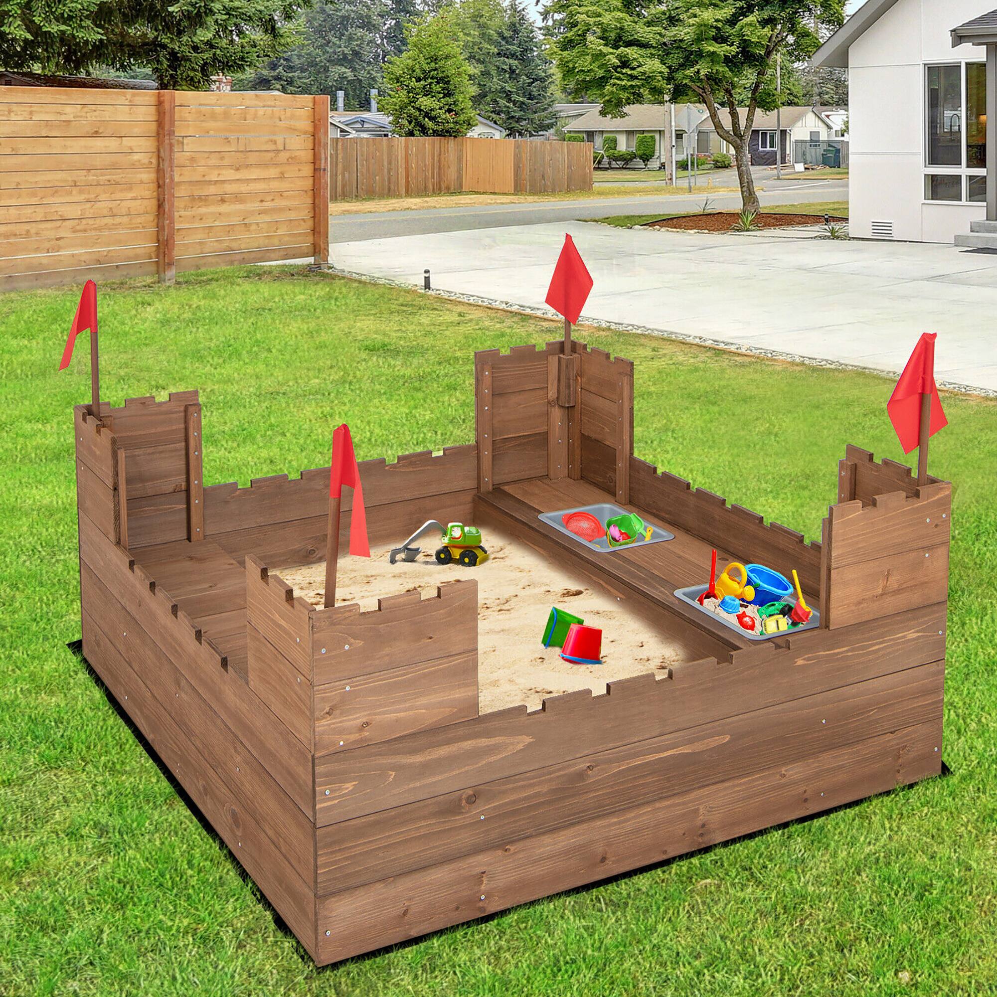 Alt View 4. Gymax - Gymax Solid Wood Kids Sandbox w/ 2 Bench Seats Outdoor Sandpit w/ Storage Box & Flags - Multi-color.