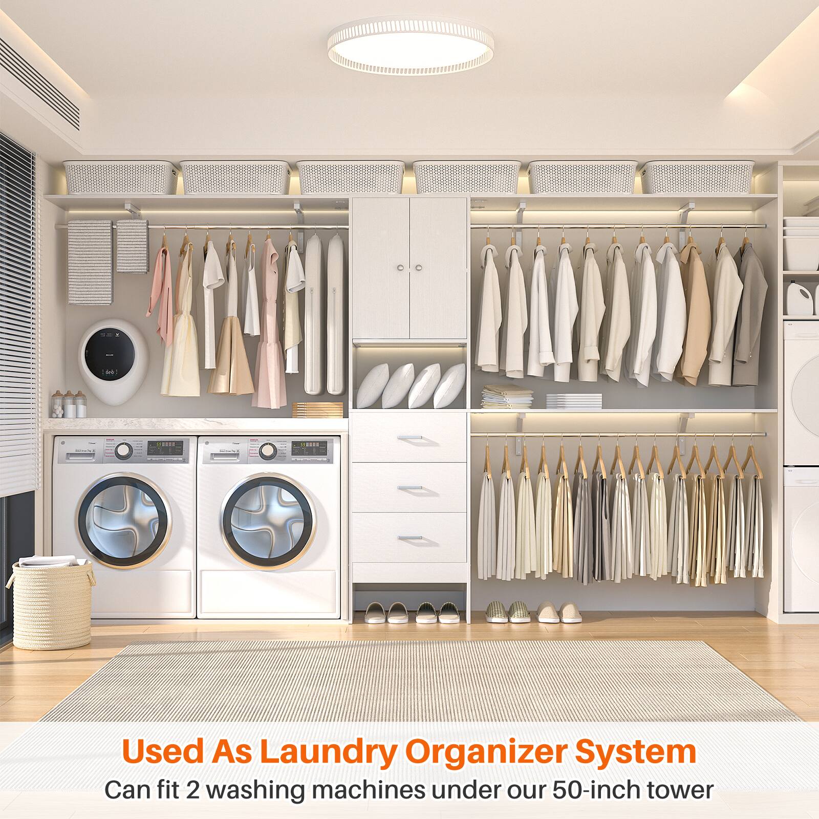 Used As Laundry Organizer System  
Can fit 2 washing machines under our 50-inch tower