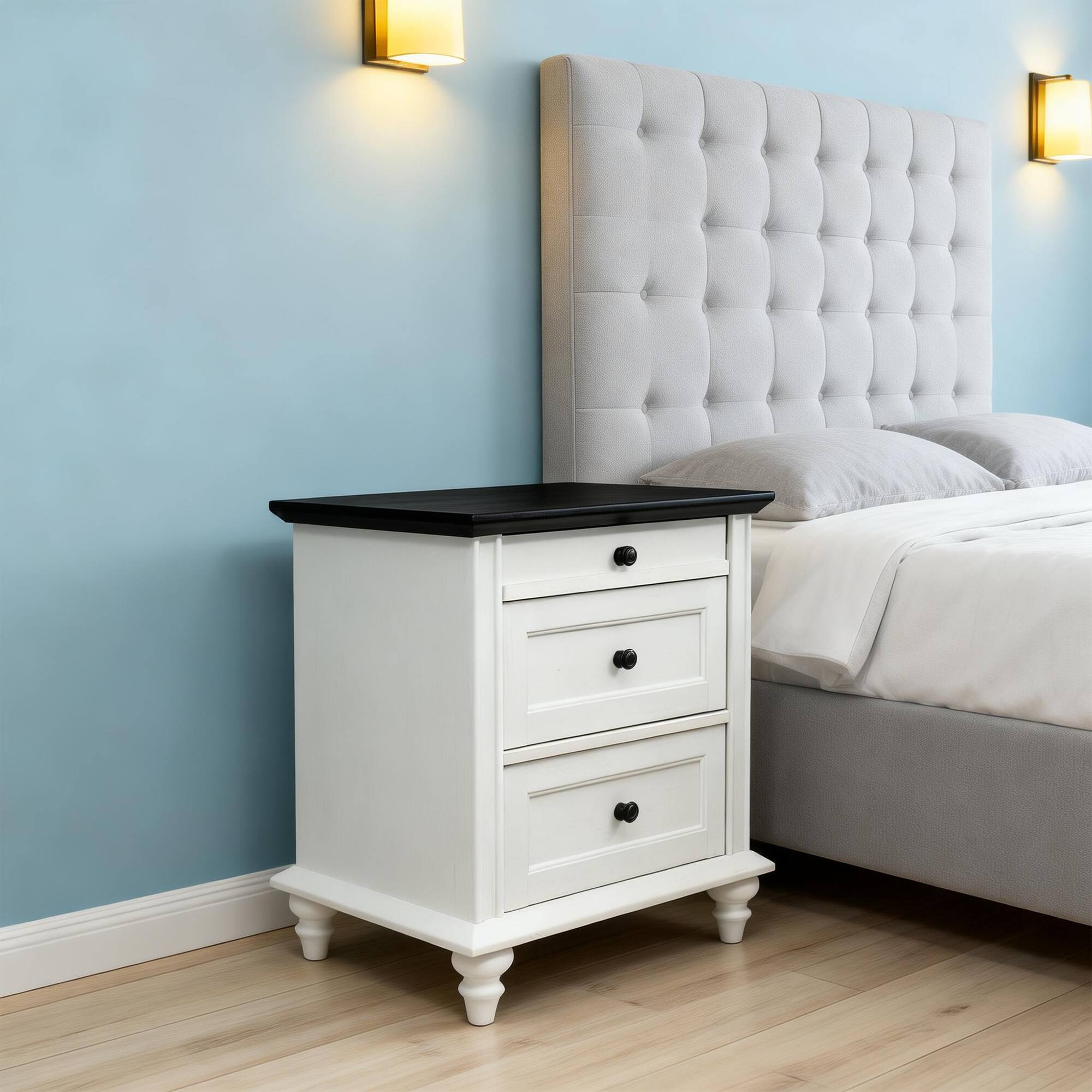 Angle. Vaczon - Farmhouse White 3-Drawer Nightstand with Solid Wood Legs - White.