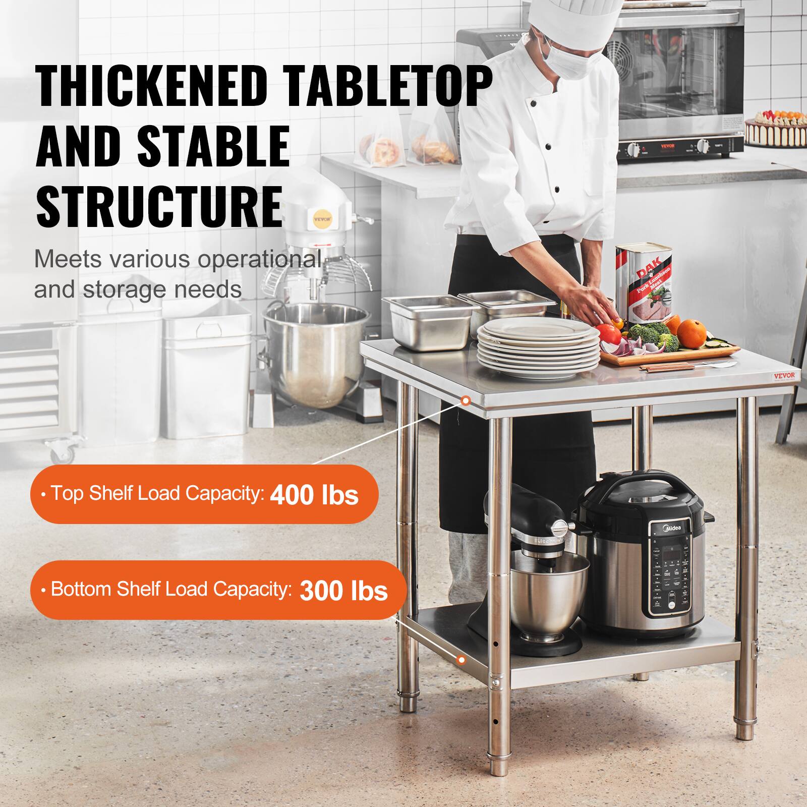 THICKENED TABLETOP AND STABLE STRUCTURE  
Meets various operational and storage needs  

- Top Shelf Load Capacity: 400 lbs  
- Bottom Shelf Load Capacity: 300 lbs