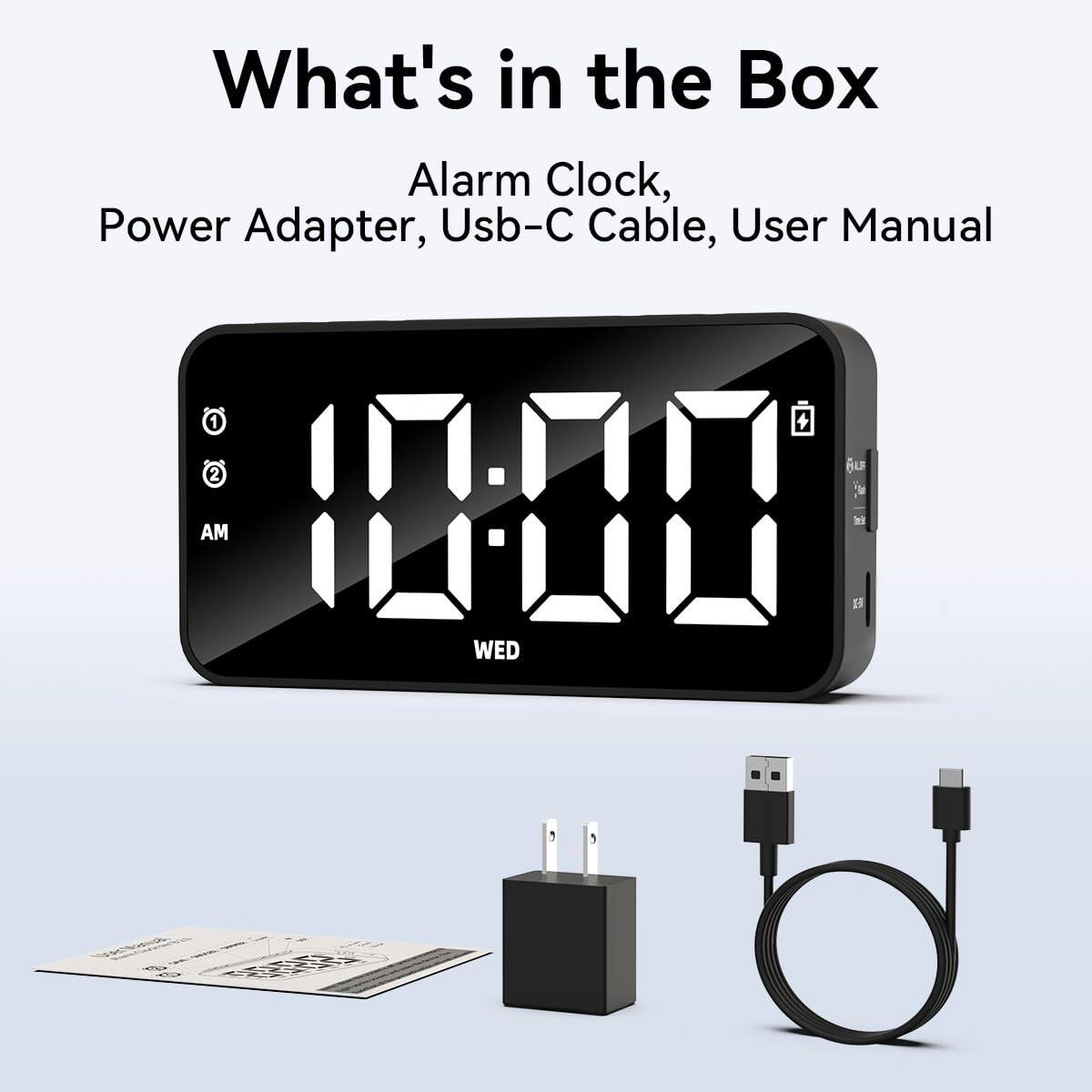 What's in the Box  
Alarm Clock, Power Adapter, Usb-C Cable, User Manual