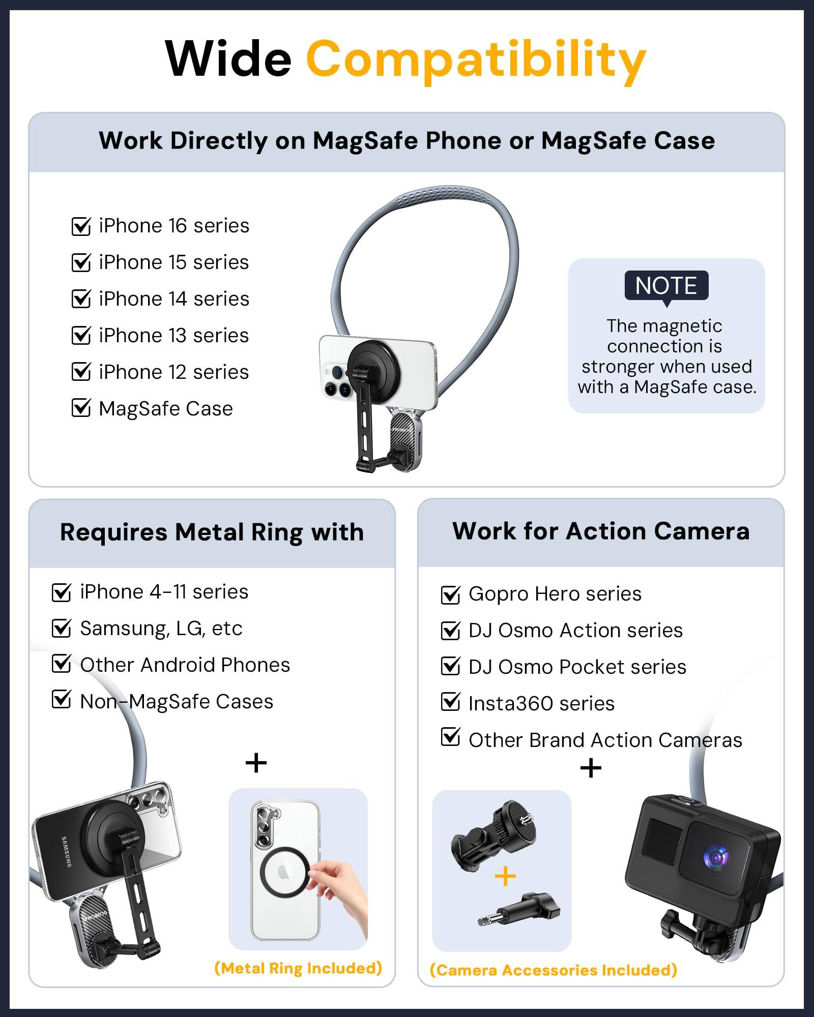 **Wide Compatibility**

**Work Directly on MagSafe Phone or MagSafe Case**

- iPhone 16 series
- iPhone 15 series
- iPhone 14 series
- iPhone 13 series
- iPhone 12 series
- MagSafe Case

*NOTE: The magnetic connection is stronger when used with a MagSafe case.*

**Requires Metal Ring with**

- iPhone 4-11 series
- Samsung, LG, etc
- Other Android Phones
- Non-MagSafe Cases

*(Metal Ring Included)*

**Work for Action Camera**

- Gopro Hero series
- DJ Osmo Action series
- DJ Osmo Pocket series
- Insta360 series
- Other Brand Action Cameras

*(Camera Accessories Included)*