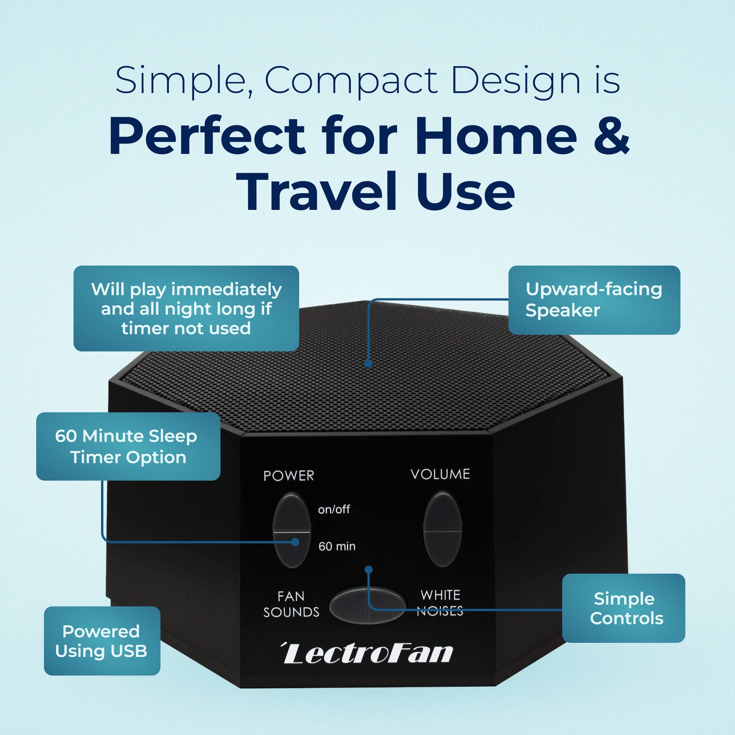 Simple, Compact Design is Perfect for Home & Travel Use

- Will play immediately and all night long if timer not used
- Upward-facing Speaker
- 60 Minute Sleep Timer Option
- POWER VOLUME on/off 60 min
- Powered Using USB
- FAN WHITE SOUNDS NOISES
- Simple Controls
