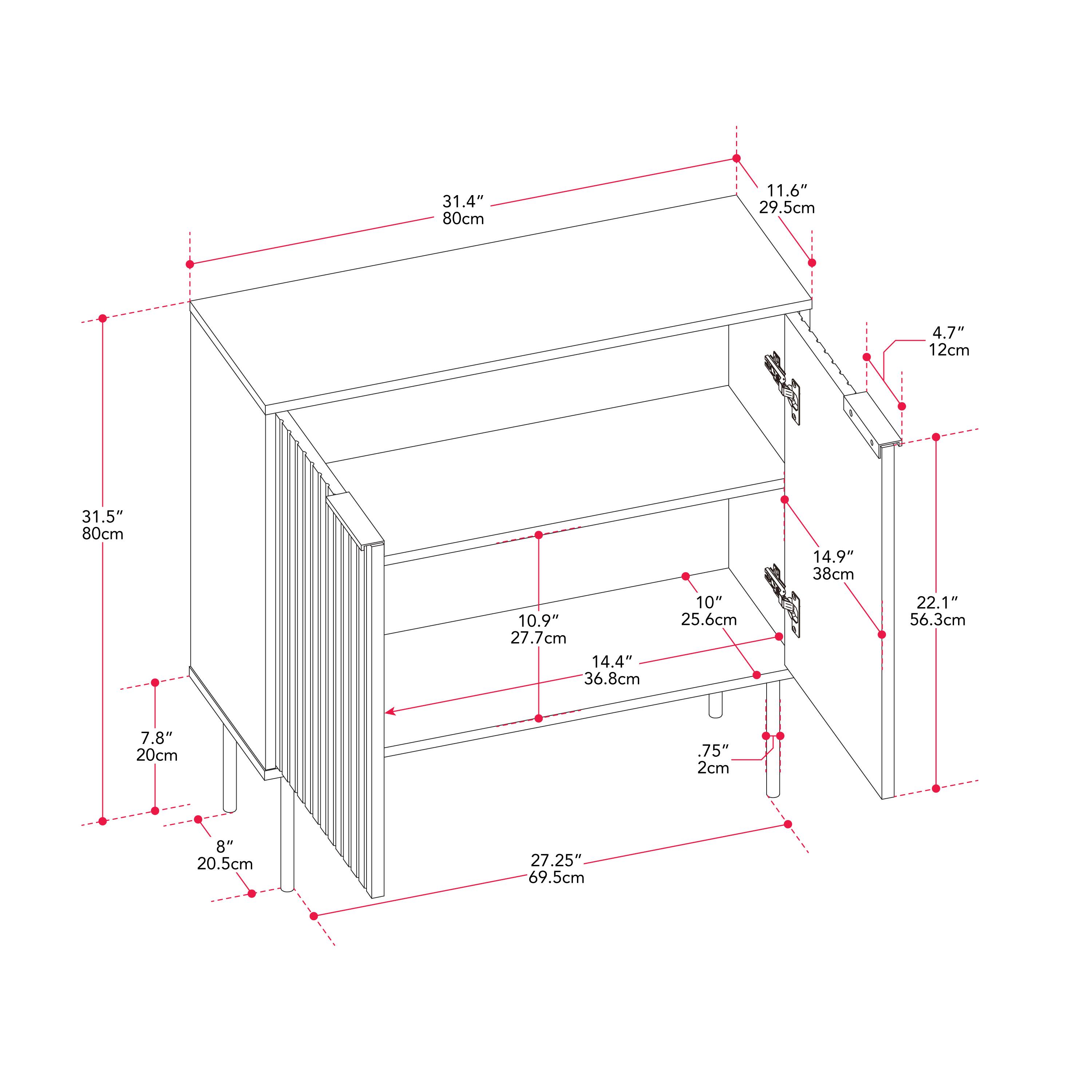 The text on the image is grouped and corrected as follows:

1. 31.4" 80cm: The dimensions are correct.
2. 11.6" 29.5cm: The dimensions are correct.
3. 4.7- 12cm: The dimensions are correct.
4. 31.5" 80cm: The dimensions are correct.
5. 14.9* 38cm: The dimensions are correct.
6. 10.9% 27.7cm: The dimensions are correct.
7. 22.1" 56.3cm: The dimensions are correct.
8. 7.8" 20cm: The dimensions are correct.
9. 75" 2cm: The dimensions are correct.
10. 8" 20.5cm: The dimensions are correct.
11. 27.25" 69.5cm: The dimensions are correct.