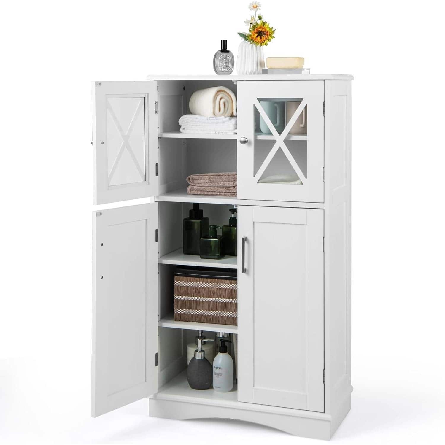 Hivvago - Bathroom Towel Linen Cabinet with Glass Doors and Storage Shelves - White