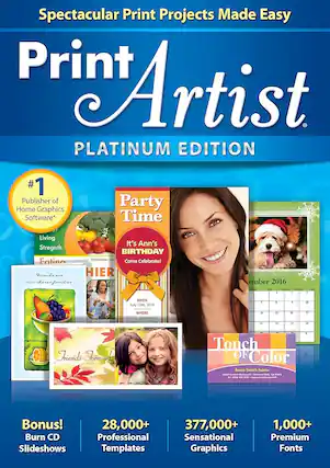 Sure, here is the corrected and grouped text from the image:
---
**Spectacular Print Projects Made Easy**
**Print Artist PLATINUM EDITION**
**#1 Publisher of Home Graphics Software**
- Living Strength
- Fatina
- Friends Forever!
**Party Time**
- It's Ann's BIRTHDAY
- Come Celebrate!
- WHEN: July 10th, 2019
- WHERE: 8915 N Jackson St
- HIER
**Touch OF Color**
- Jason Smith Painter
**Bonus!**
- Burn CD Slideshows
**28,000+ Professional Templates**
**377,000+ Sensational Graphics**
**1,000+ Premium Fonts**
---
**Newsletter Jam**
**October 2016**
**Calendar**
**Friends Forever!**
**Jason Smith Painter**
**Burn CD Slideshows**
**Professional Templates**
**Sensational Graphics**
**Premium Fonts**
---