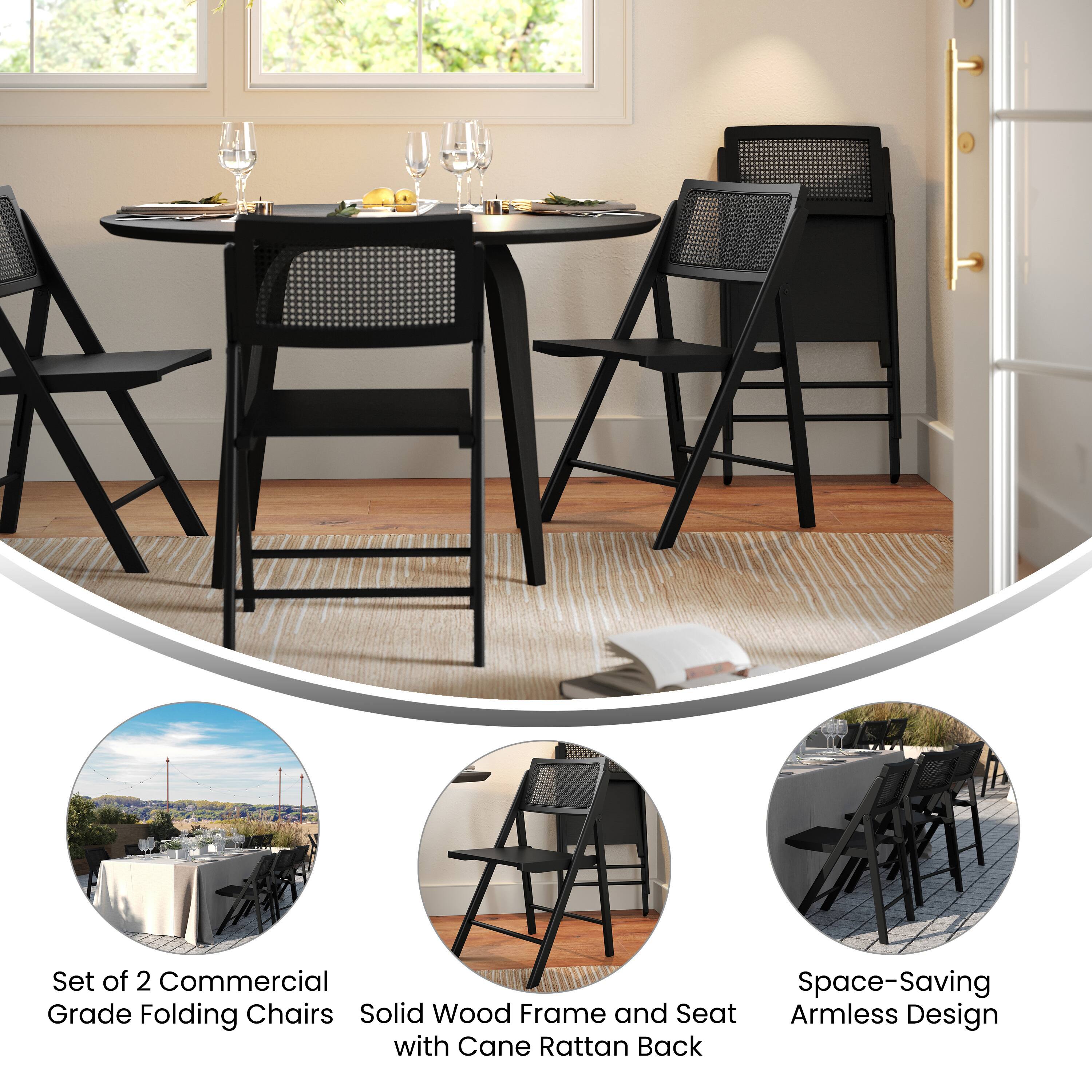 Set of 2 Commercial Grade Folding Chairs  
Solid Wood Frame and Seat with Cane Rattan Back  
Space-Saving Armless Design