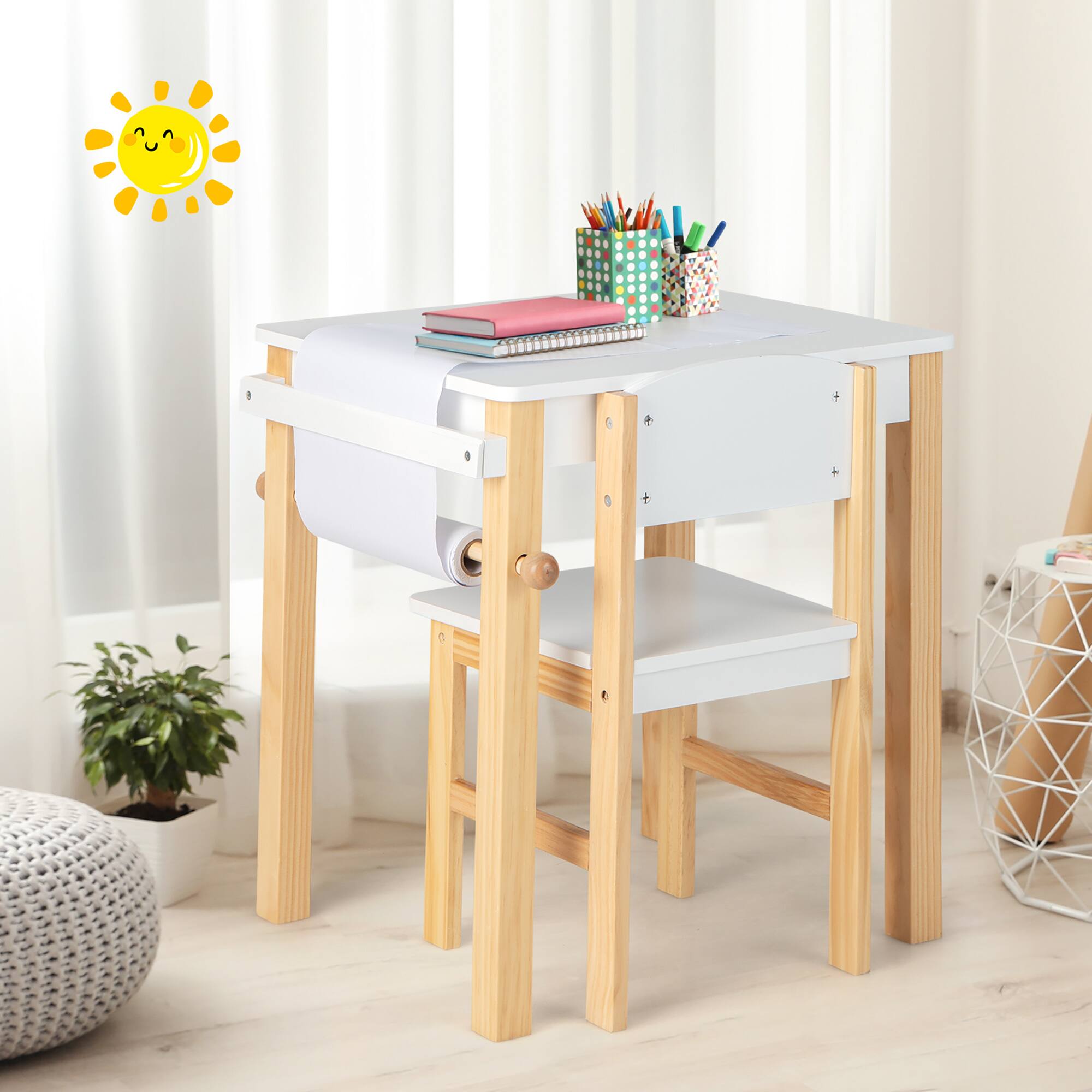 Alt View 1. Costway - Costway Kids Table and Chair Set Wooden Activity Drawing Study Desk with Paper Roll  Drawer - Natural,White.