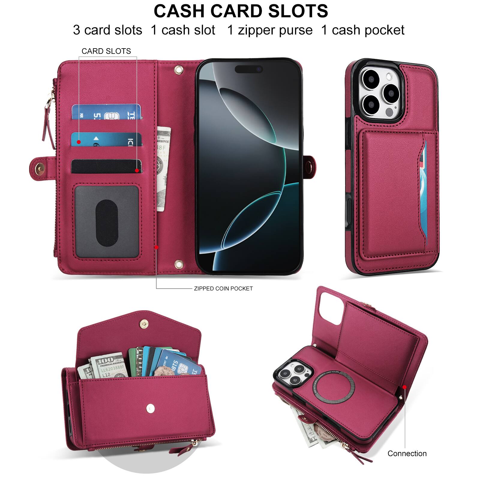 CASH CARD SLOTS  
3 card slots  
1 cash slot  
1 zipper purse  
1 cash pocket  

CARD SLOTS  

ZIPPED COIN POCKET  

Connection