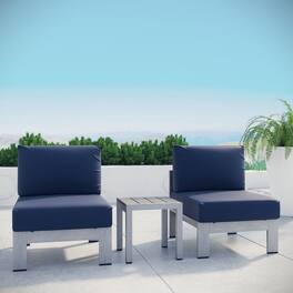 Shore 3 Piece Outdoor Patio Aluminum Sectional Sofa Set by Modway - Silver Navy