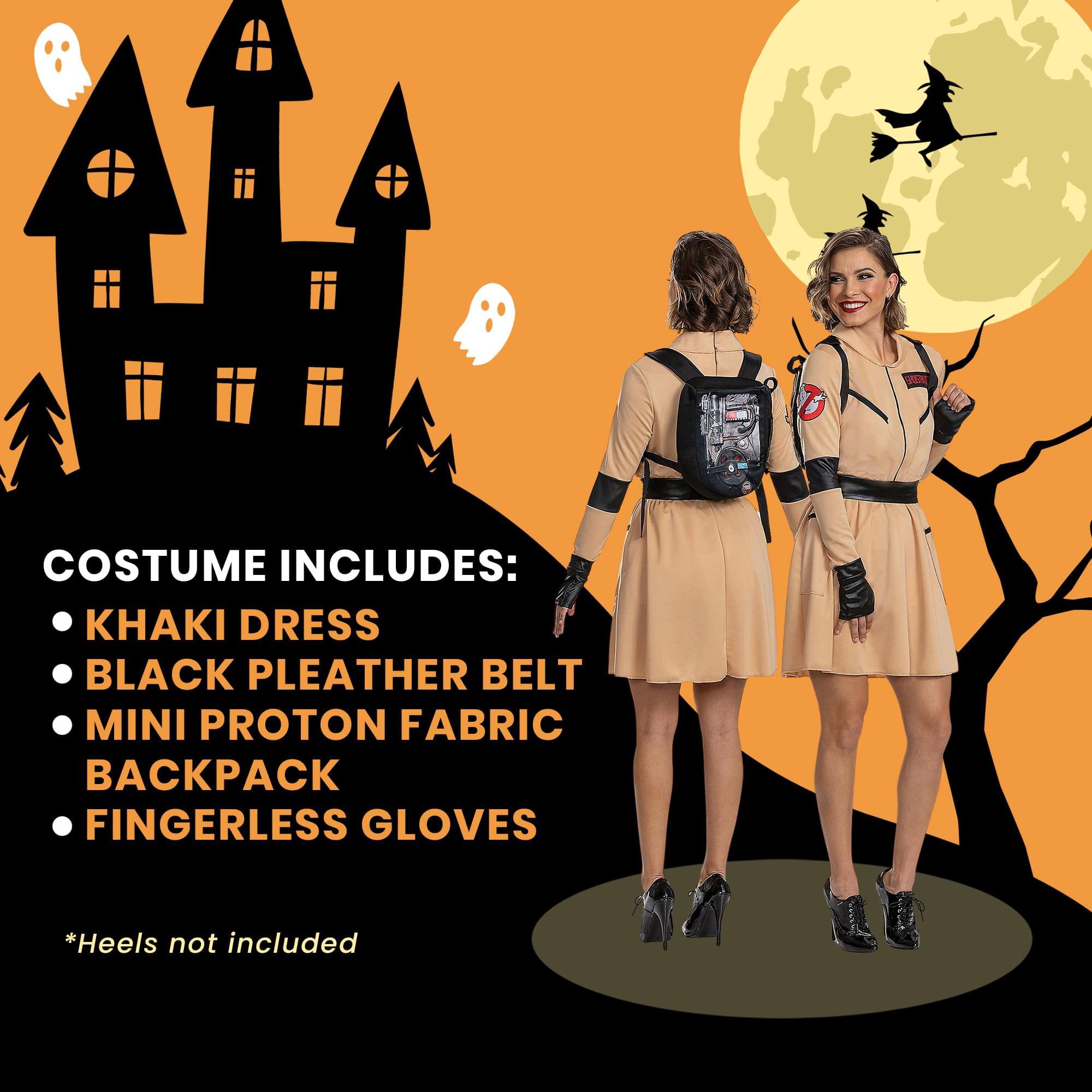 COSTUME INCLUDES:  
- KHAKI DRESS  
- BLACK PLEATHER BELT  
- MINI PROTON FABRIC BACKPACK  
- FINGERLESS GLOVES  

*Heels not included