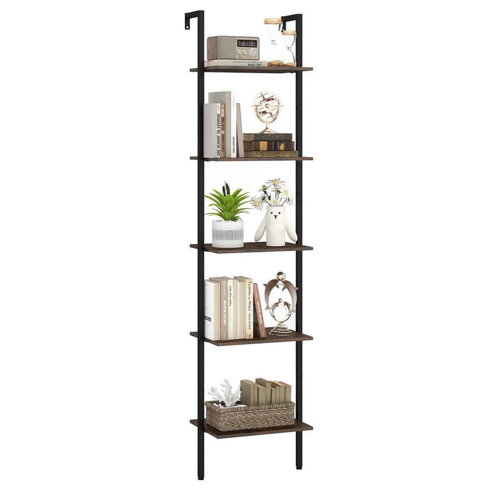 Kadyn - 5-Tier Wall-Mounted Ladder Shelf - Anti-Tipping Kits, Home Office Use, Rustic Black - Brown