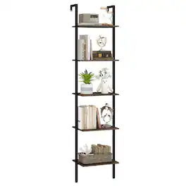 Kadyn - 5-Tier Wall-Mounted Ladder Shelf - Anti-Tipping Kits, Home Office Use, Rustic Black - Brown