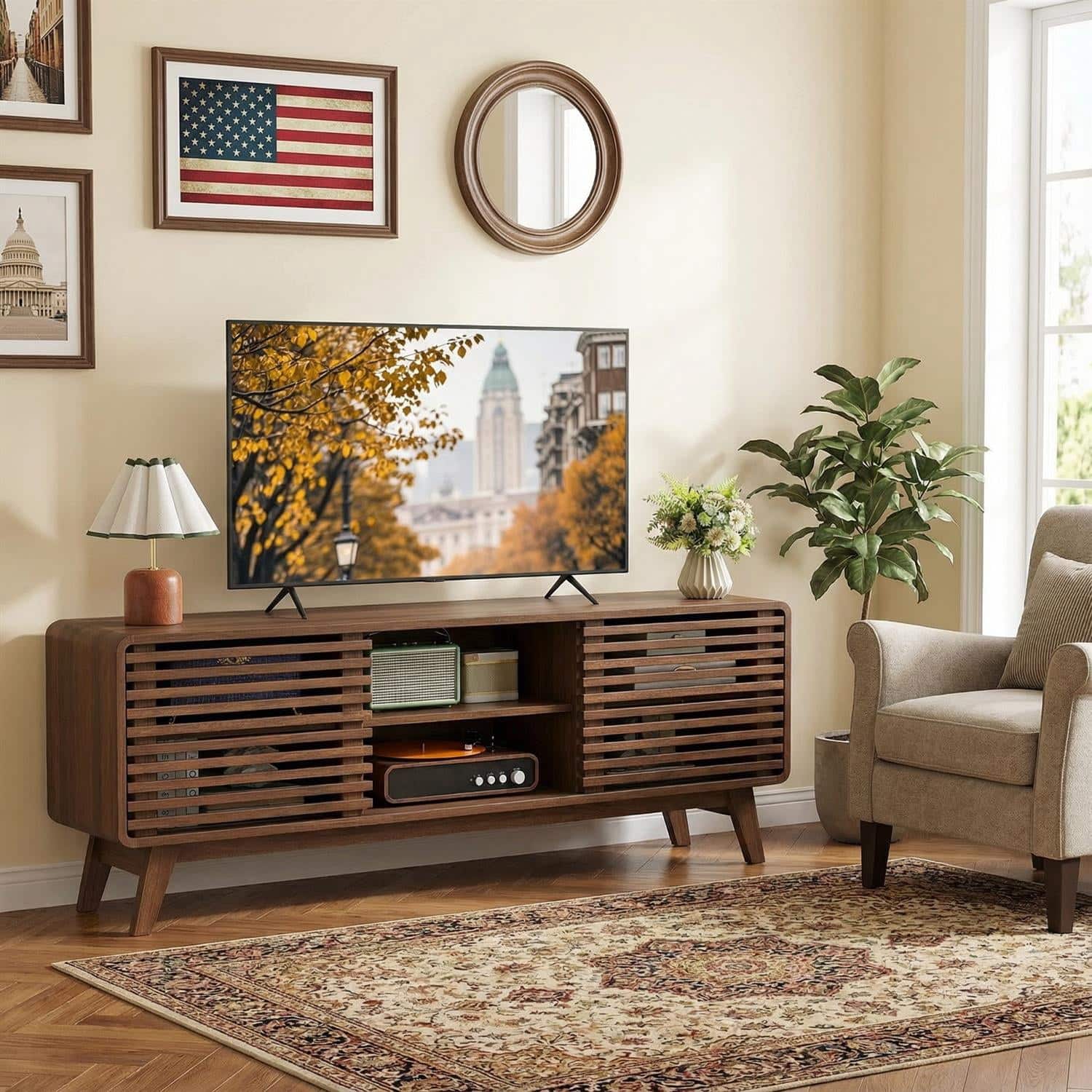 Pefilos - TV for TVs up to 65" with Sliding Doors Adjustable Shelves, Mid-Century Media Living Room Home Theater TV Stand - Brown