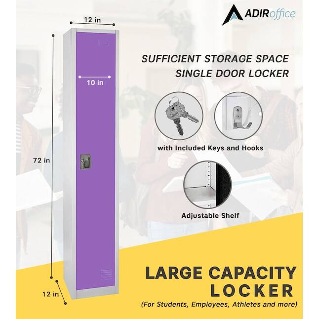ADIRoffice LARGE CAPACITY LOCKER (For Students, Employees, Athletes and more) SUFFICIENT STORAGE SPACE SINGLE DOOR LOCKER 72 in 12 in 10 in with Included Keys and Hooks Adjustable Shelf 12 in