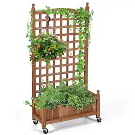 Costway - 50in Wood Planter Box w/Trellis Mobile Raised Bed for Climbing Plant - Natural