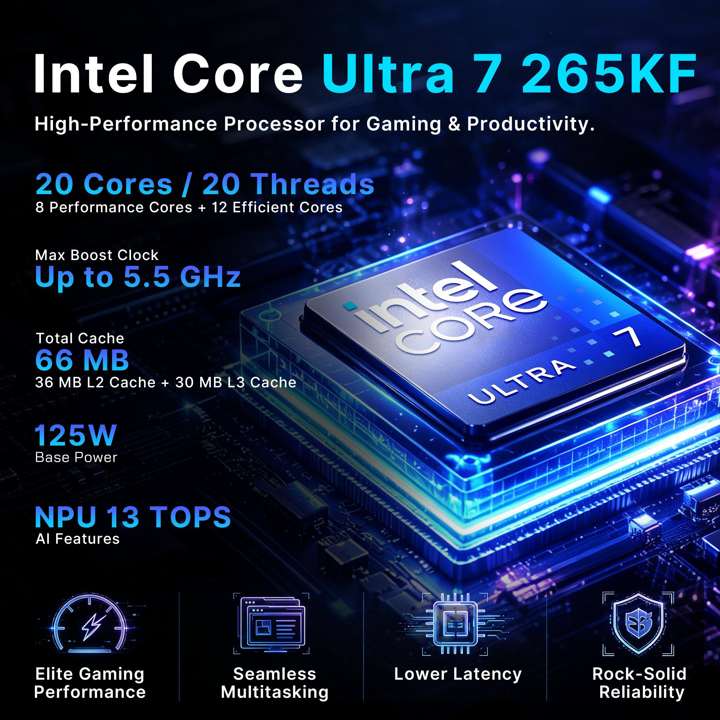 Intel Core Ultra 7 265KF High-Performance Processor for Gaming & Productivity.

20 Cores / 20 Threads  
8 Performance Cores + 12 Efficient Cores  
Max Boost Clock Up to 5.5 GHz  
Total Cache 66 MB (36 MB L2 Cache + 30 MB L3 Cache)  
125W Base Power  
NPU 13 TOPS AI Features  
Elite Gaming Performance  
Seamless Multitasking  
Lower Latency  
Rock-Solid Reliability