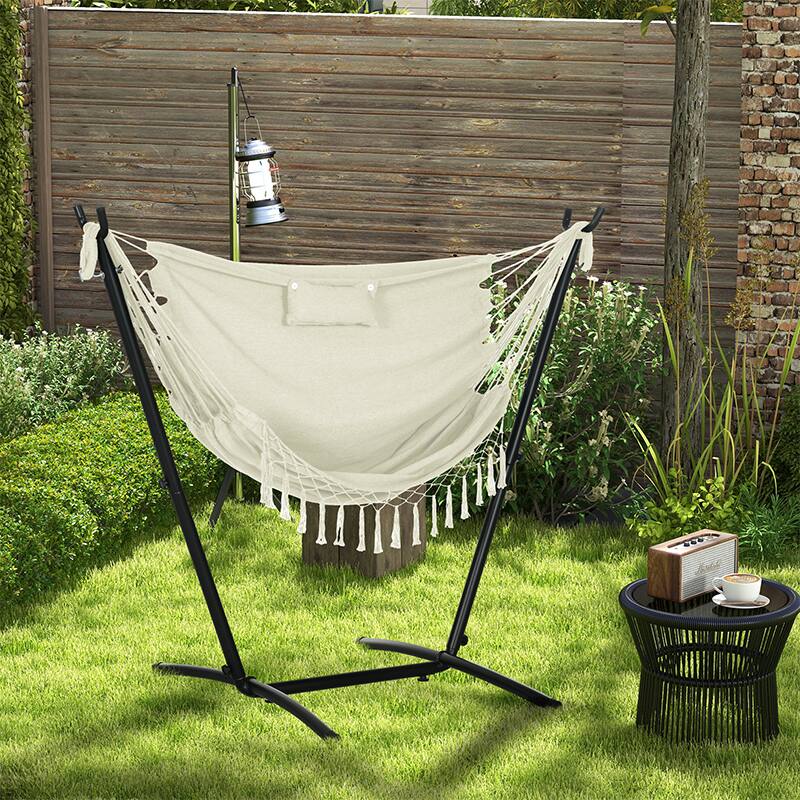 Alt View 1. Outsunny - Patio Hammock Chair with Stand, Outdoor Hammock Swing Hanging Lounge Chair with Side Pocket and Headrest - Cream White.