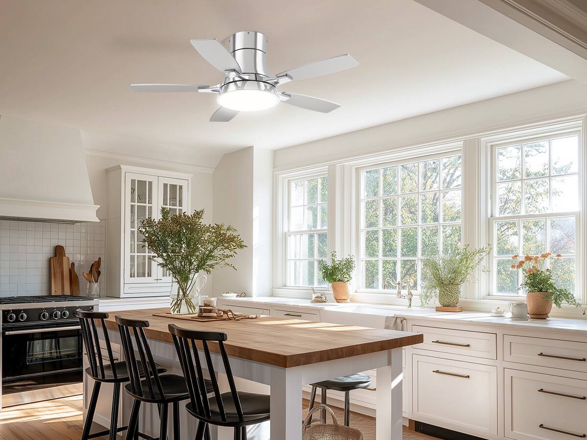 Angle. Siljoy - 42 Inch Silver Low Profile Flush Mount Ceiling Fan with Light and Remote Reversible Dimmable for Bedroom Living Room - Silver.