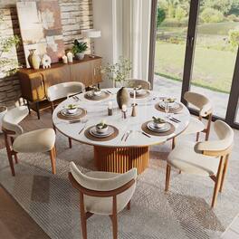 POVISON - 59"Modern Round Wood Dining Table for 6,Walnut Color Solid Wood Dining Table, Glossy Sintered Stone Table - White