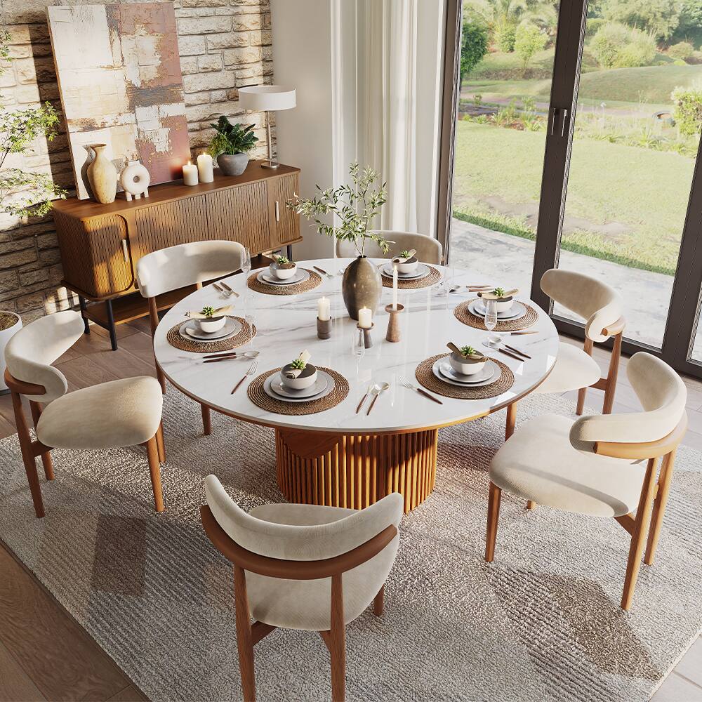 Front. POVISON - 59"Modern Round Wood Dining Table for 6,Walnut Color Solid Wood Dining Table,  Glossy White Sintered Stone Table - White.
