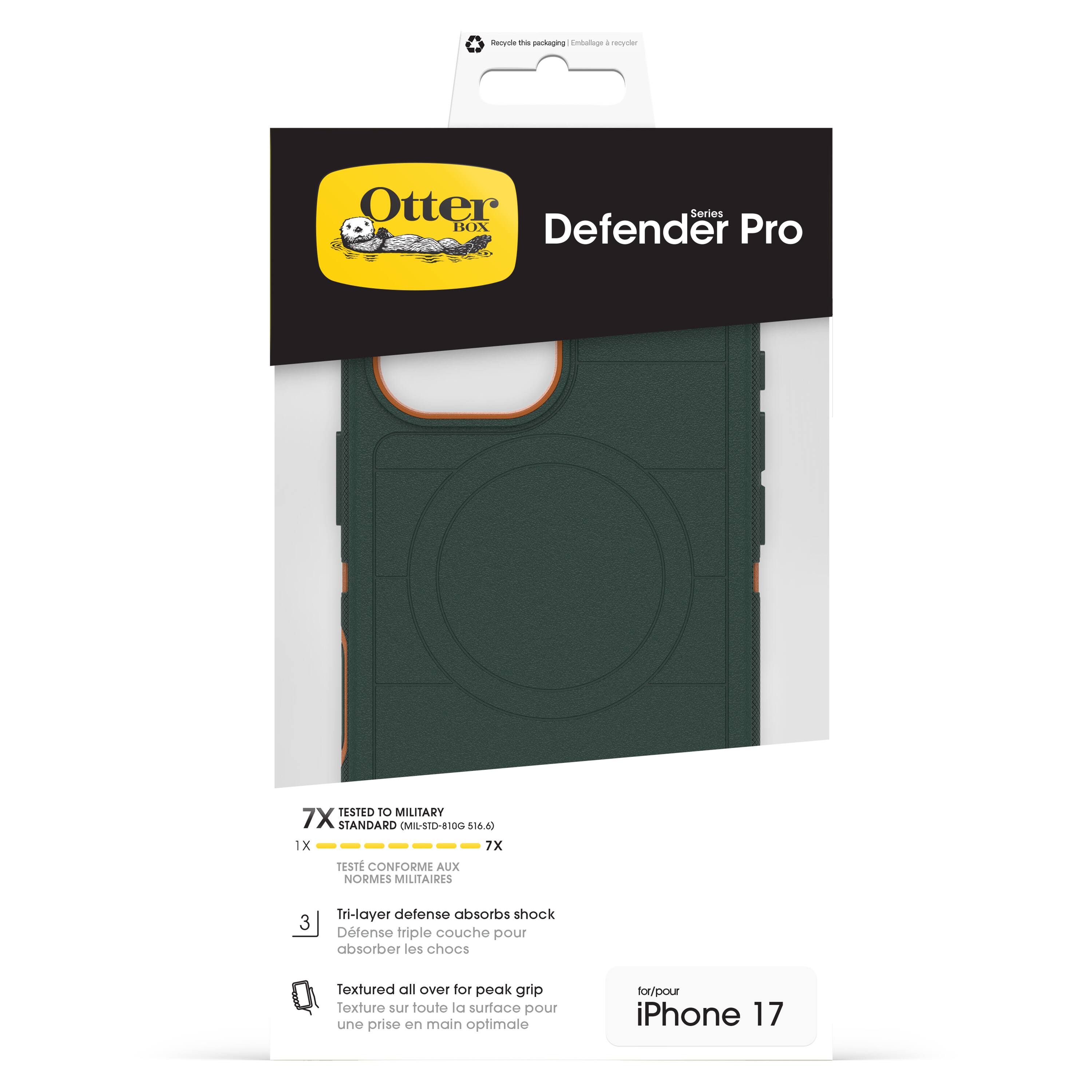 Otter Box  
Defender Pro  

7X TESTED TO MILITARY STANDARD (MIL-STD-810G 516.6)  
1X 7X  
TESTÉ CONFORME AUX NORMES MILITAIRES  

Tri-layer defense absorbs shock  
Défense triple couche pour absorber les chocs  

Textured all over for peak grip  
Texture sur toute la surface pour une prise en main optimale  

for/pour iPhone 17