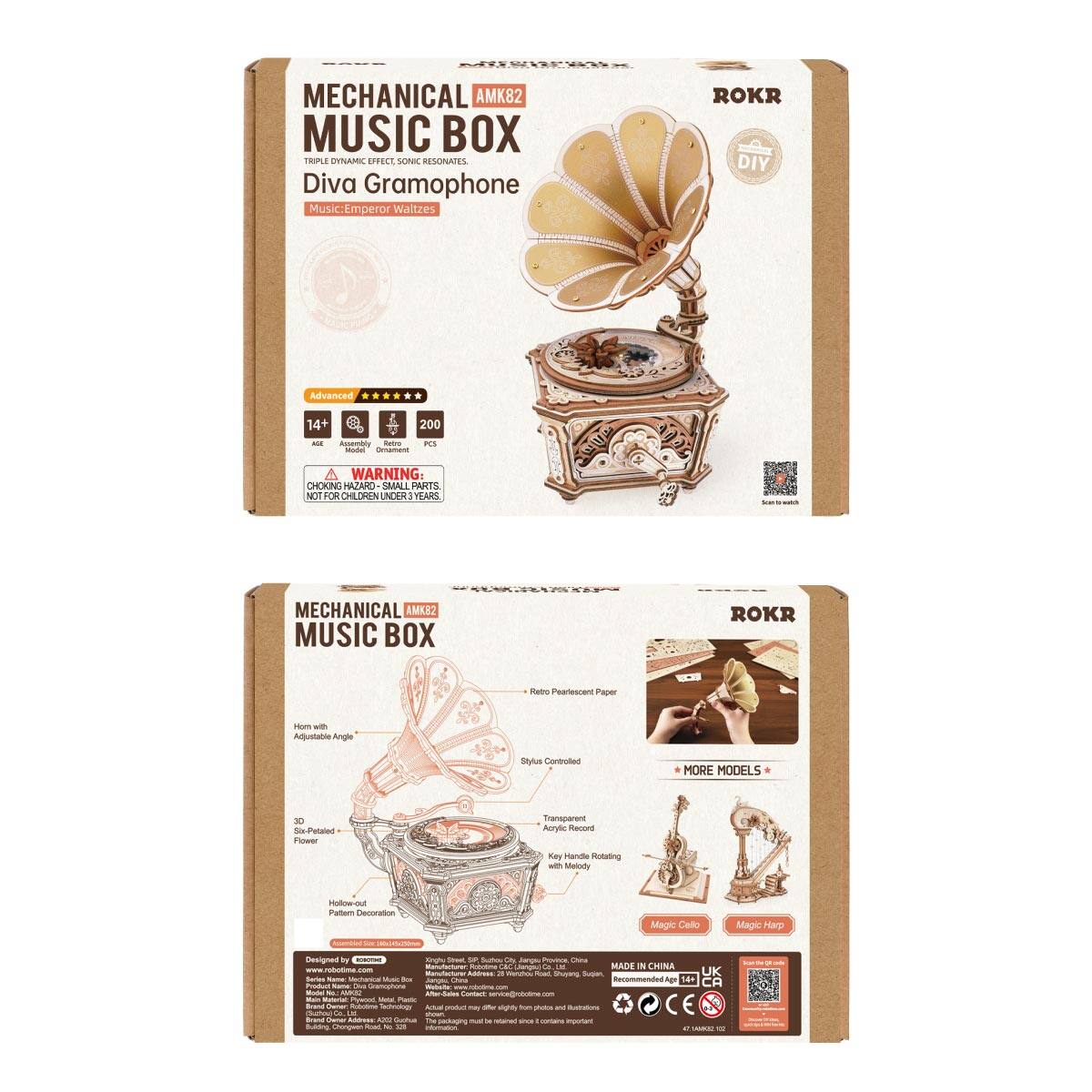 MUSICESOX

MECHANICAL AMK82 MUSIC BOX TRIPLE DYNAMIC EFFECT, SONIC RESONATES. Diva Gramophone Music: Emperor Waltzes

ROKR DIY
Advanced
14+
200
AGE
Razumbly Retro PCS Model Ornament
WARNING: CHOKING HAZARD SMALL PARTS NOT FOR CHILDREN UNDER 3 YEARS.

MECHANICAL AMK82 MUSIC BOX
ROKR
Rebo Pearlescent Paper
Horn with Adjustable Angle
Stylus Controlled
MORE MODELS
30 Six-Petaled Flower
Transparent Acrylic Record
Key Handle Rotating with Melody
Hollow-out Pattern Decoration
Magic Cello
Magic Harp
for 40ml (5x240mm

Designed by SUGUTING 30mping Servet, Suthou City Jungu Province China Manufacturer Potastime COO Ca LM MADE IN CHINA www.robolima adidas UK Manufacturer Address 21 - Keet Shuyang Sugar, Series Name: Mecharical Music Box Jangsu Chima Incommended 14+ Product Kana Civa Gramophone TOCKACKEEP rabotine CA Badel NO XMO