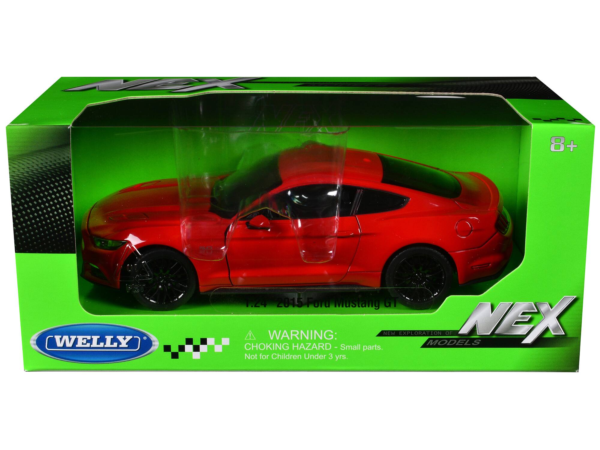 MENO 8+ AO T2 WELLY 1:24 2015 Ford Mustang GT  
WARNING: NEW EXPLORATION MODELS OF NEX  
CHOKING HAZARD - Small parts. Not for Children Under 3 yrs.