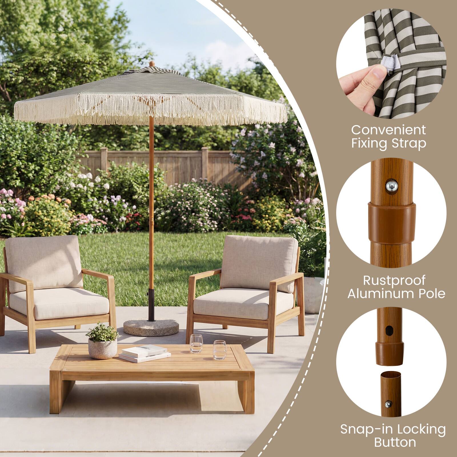 Convenient Fixing Strap  
Rustproof Aluminum Pole  
Snap-in Locking Button