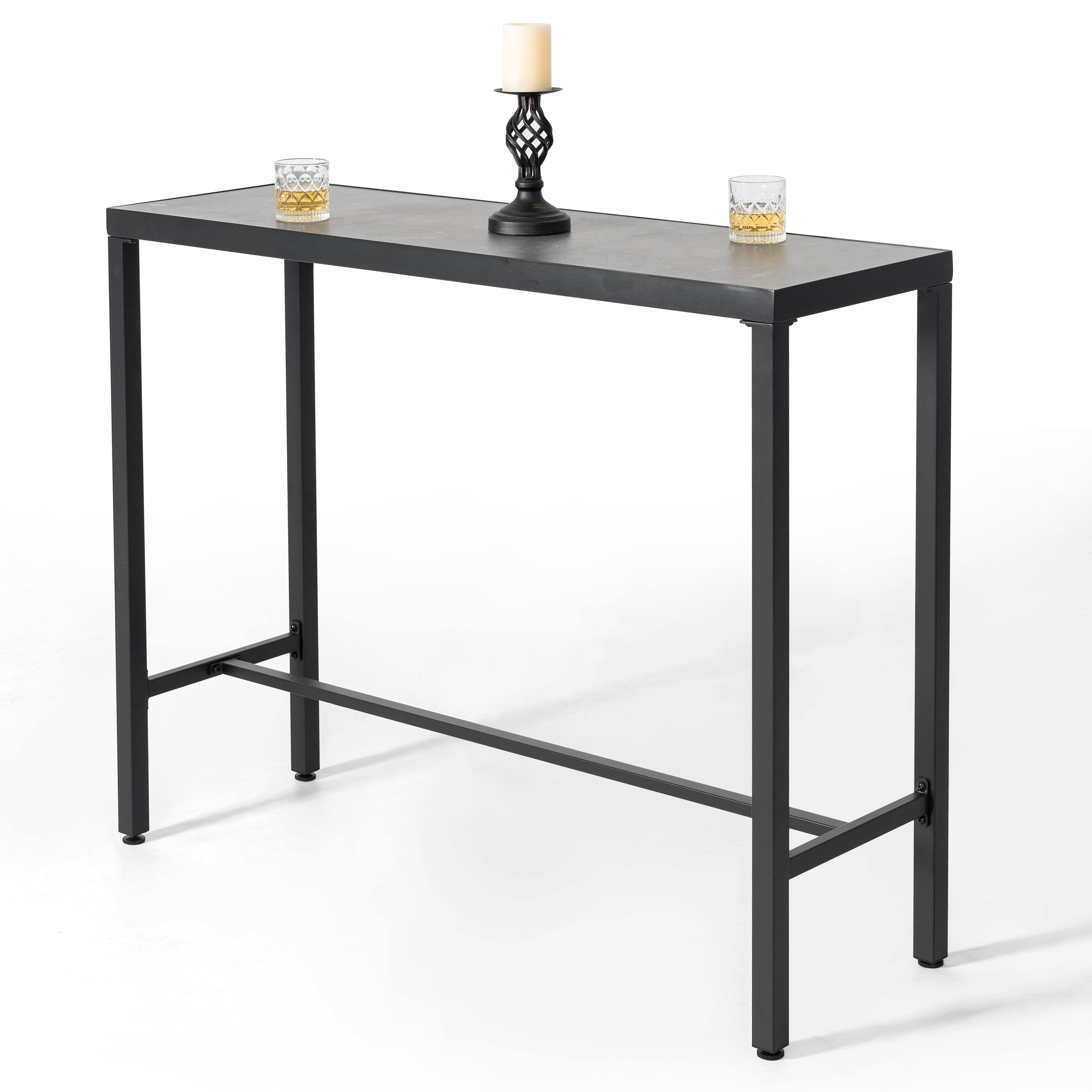 Front. Nuu Garden - Outdoor Iron Bar Table with 3D-Print Tempered Glass Tabletop - Black and Gray.