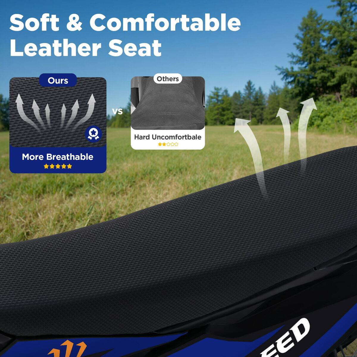 Soft & Comfortable Leather Seat  
Ours vs Others  
Hard Uncomfortable  
More Breathable