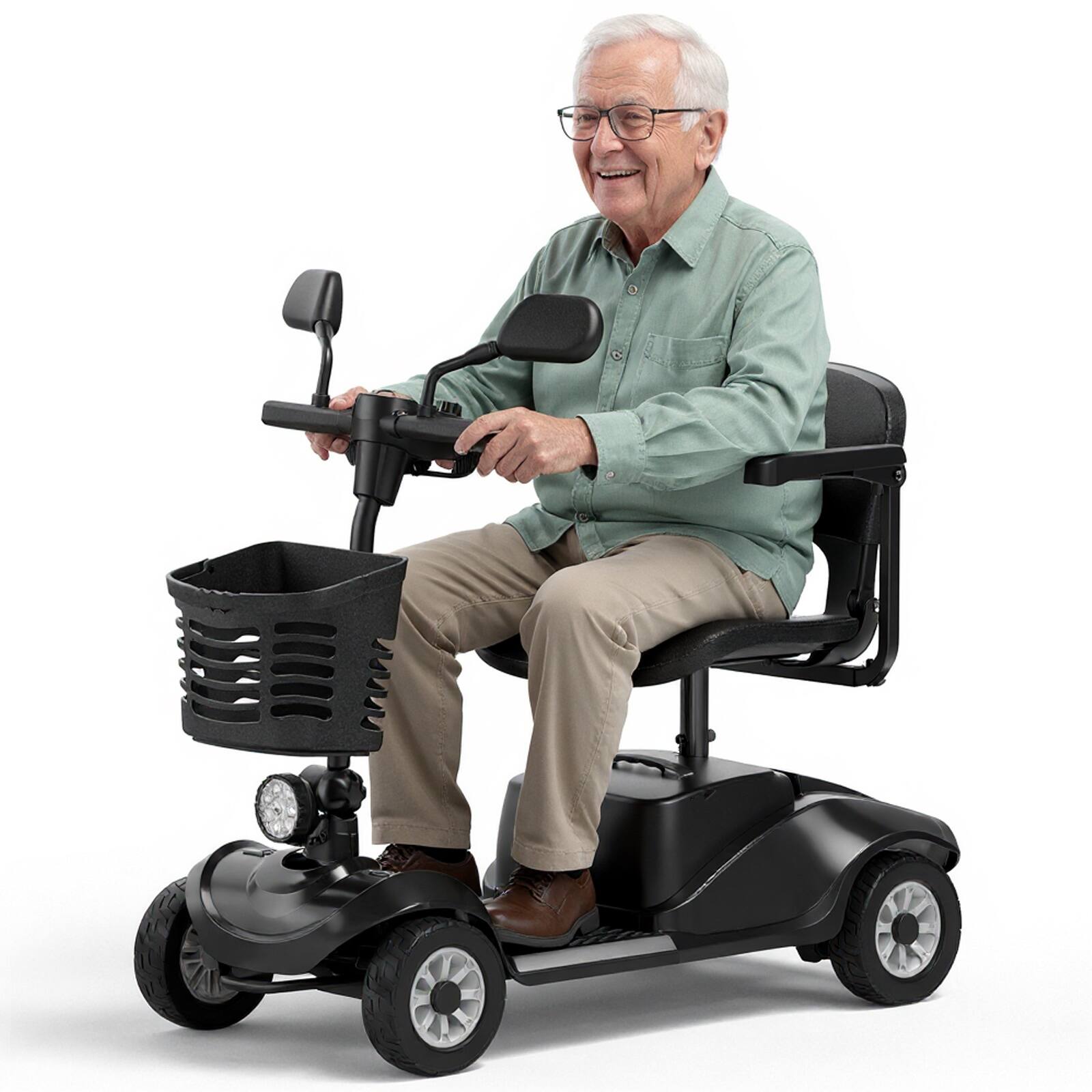 Front. KERDOM - 4 Wheel Powered Mobility Scooter with Shopping Basket & Rearview Mirror, 12 Miles Range, for Seniors Riding - Black.
