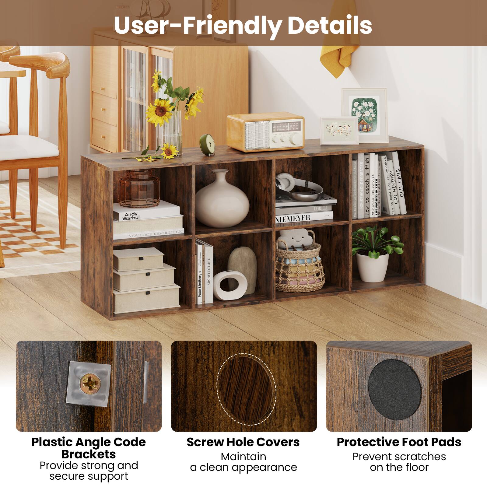 User-Friendly Details:

1. Plastic Angle Code Brackets: Provide strong and secure support.
2. Screw Hole Covers: Maintain a clean appearance.
3. Protective Foot Pads: Prevent scratches on the floor.
4. History Cards: Add a touch of nostalgia to the space.
5. Andy Warhol Kitchen Towels: Bring a pop of color to the kitchen.
6. Fish Catch: A fun and functional decoration.
7. Peter Pauper Press Books: Add a cozy touch to the space.
8. Lint Catcher: Keep the space tidy and organized.
9. Clean Appearance: Ensure a well-maintained look.
10. Secure Support: Provide stability and durability.