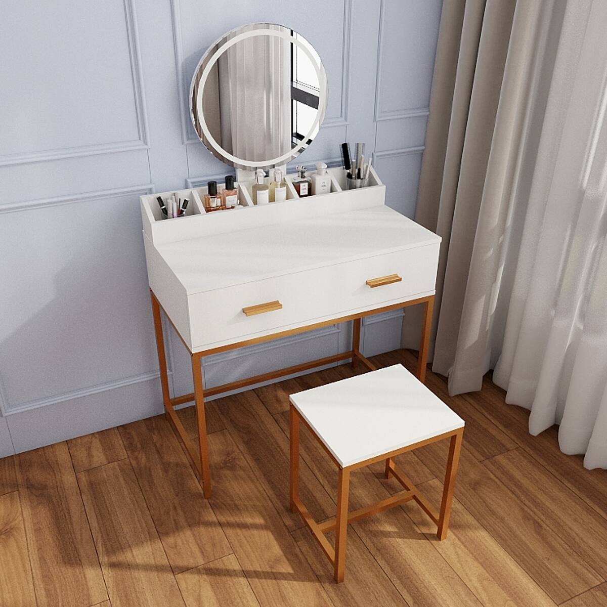Alt View 3. Loheer - Loheer Makeup Vanity Set with Mirror and Stool, White and Gold, Compact - Ancient White.
