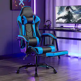 Bestier - Ergonomic PU Leather Gaming Chair, Massage Lumbar, Footrest, 360° Casters - Blue