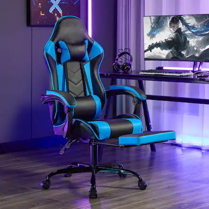 Front. Bestier - Ergonomic PU Leather Gaming Chair, Massage Lumbar, Footrest, 360° Casters - Blue.